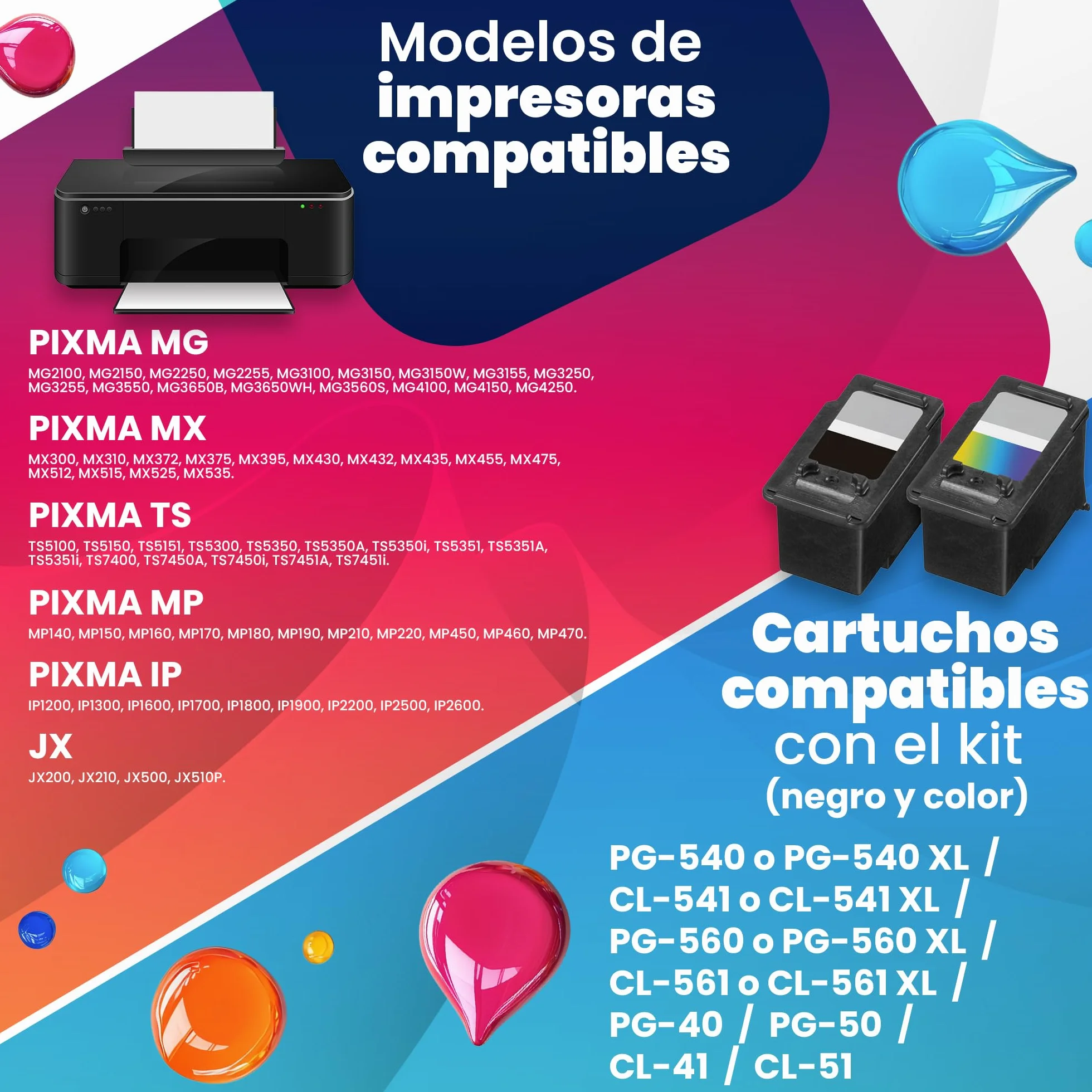Kit de Recarga de Tinta Compatible para Cartuchos de Tinta Canon PG-540 CL-541 PG-560 CL-561 540XL 541XL 560XL 561XL PG40 50 CL41 51 Incluye 500 ML Tintas +Accesorios+ 50ml Limpia Cabezal