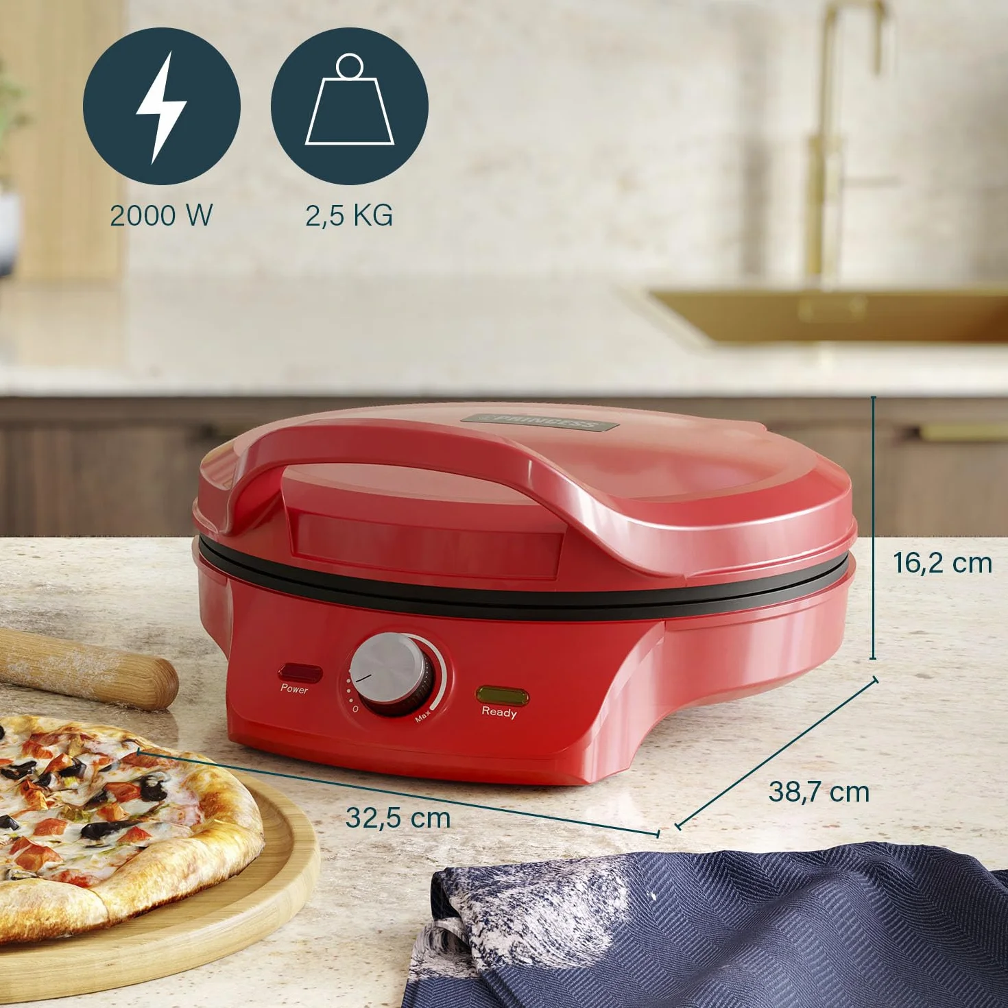 Princess Pizza Maker Ø 32 cm Termostato regulable Función grill 200°C