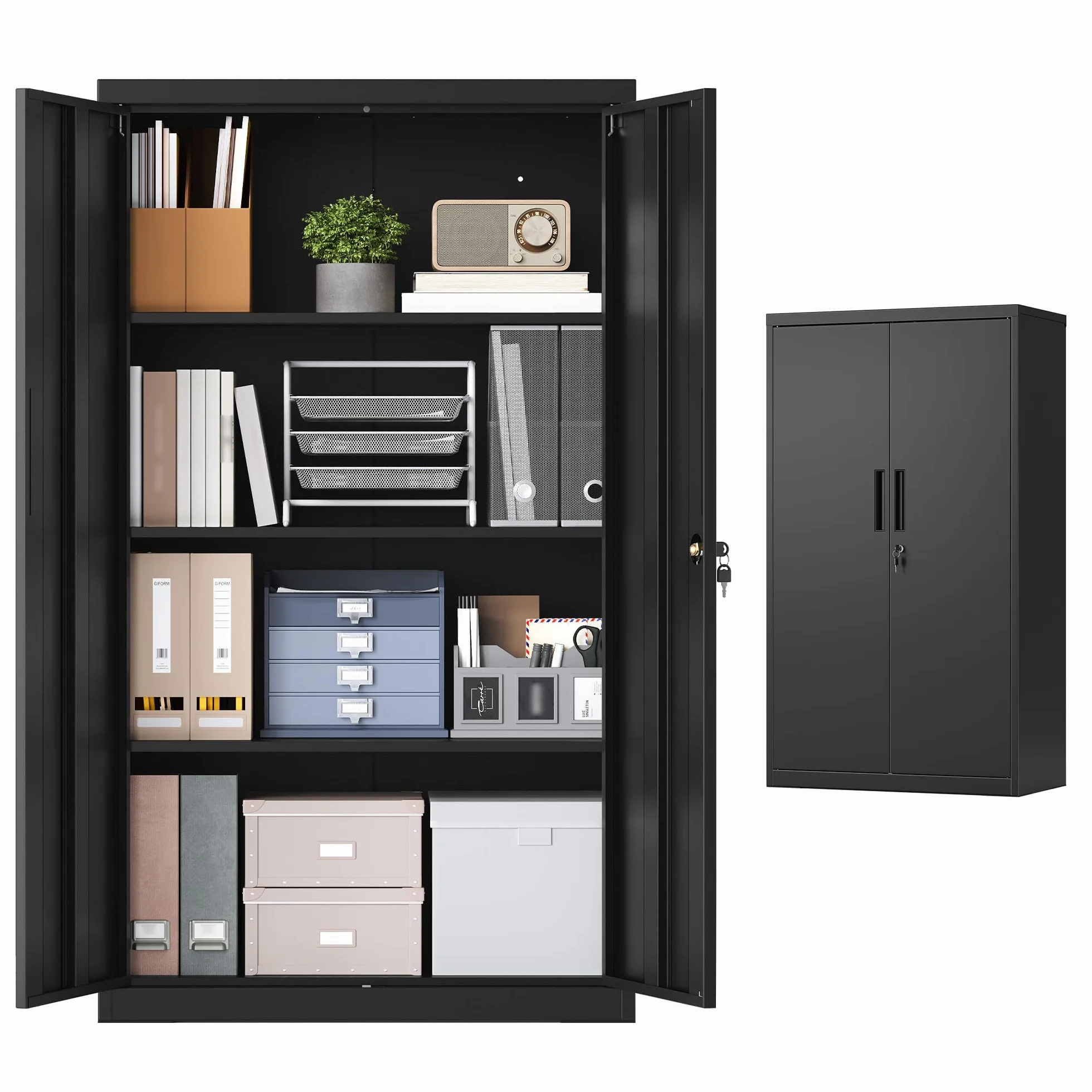 SONGMICS Armario Archivador Metálico 2 Puertas con Cerradura 80x40x140 cm Negro Mate