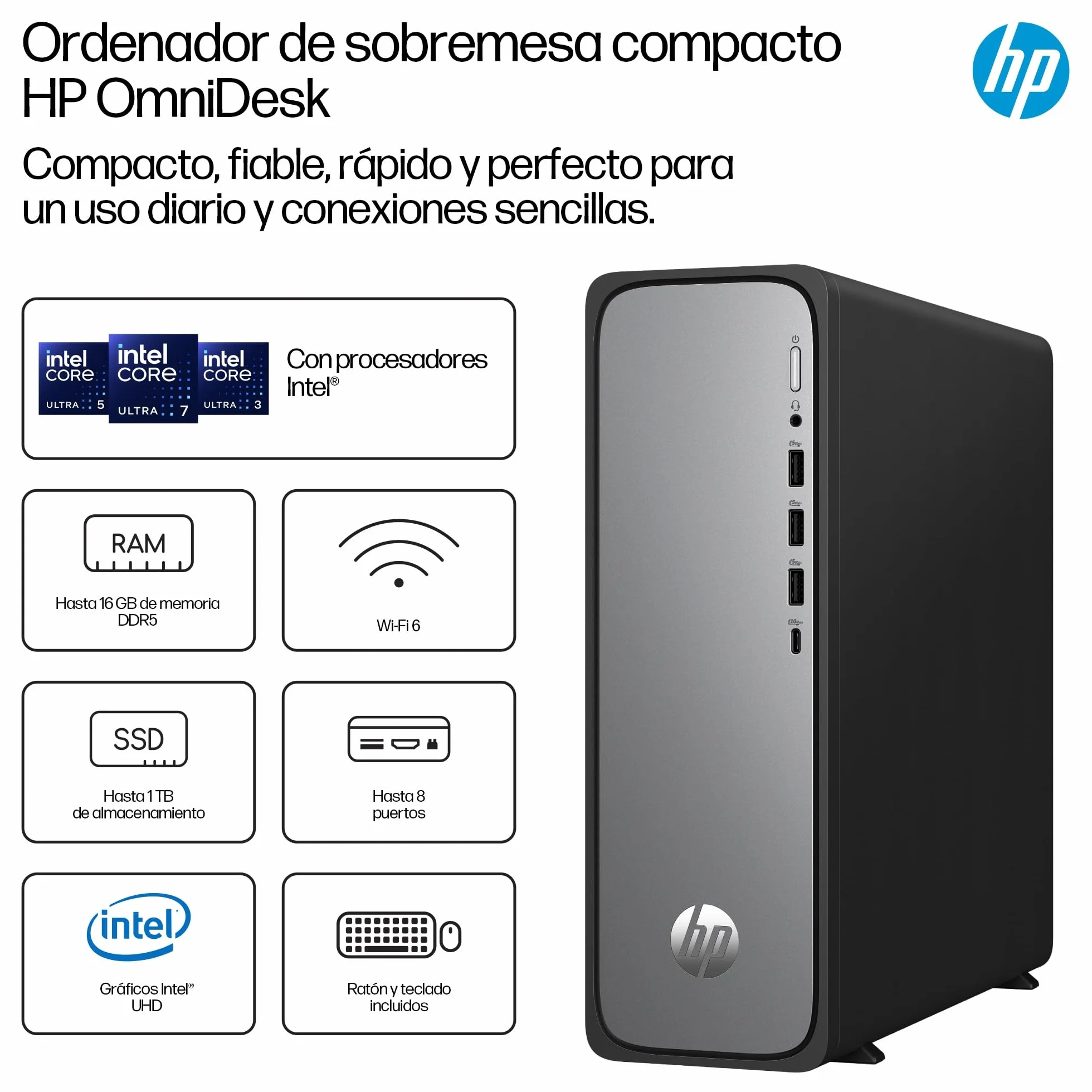 HP Ordenador de Sobremesa OmniDesk Slim (Intel Core i5-14400, 16GB DDR5 RAM, 512GB SSD, Gráficos Intel, FreeDOS) - Gris