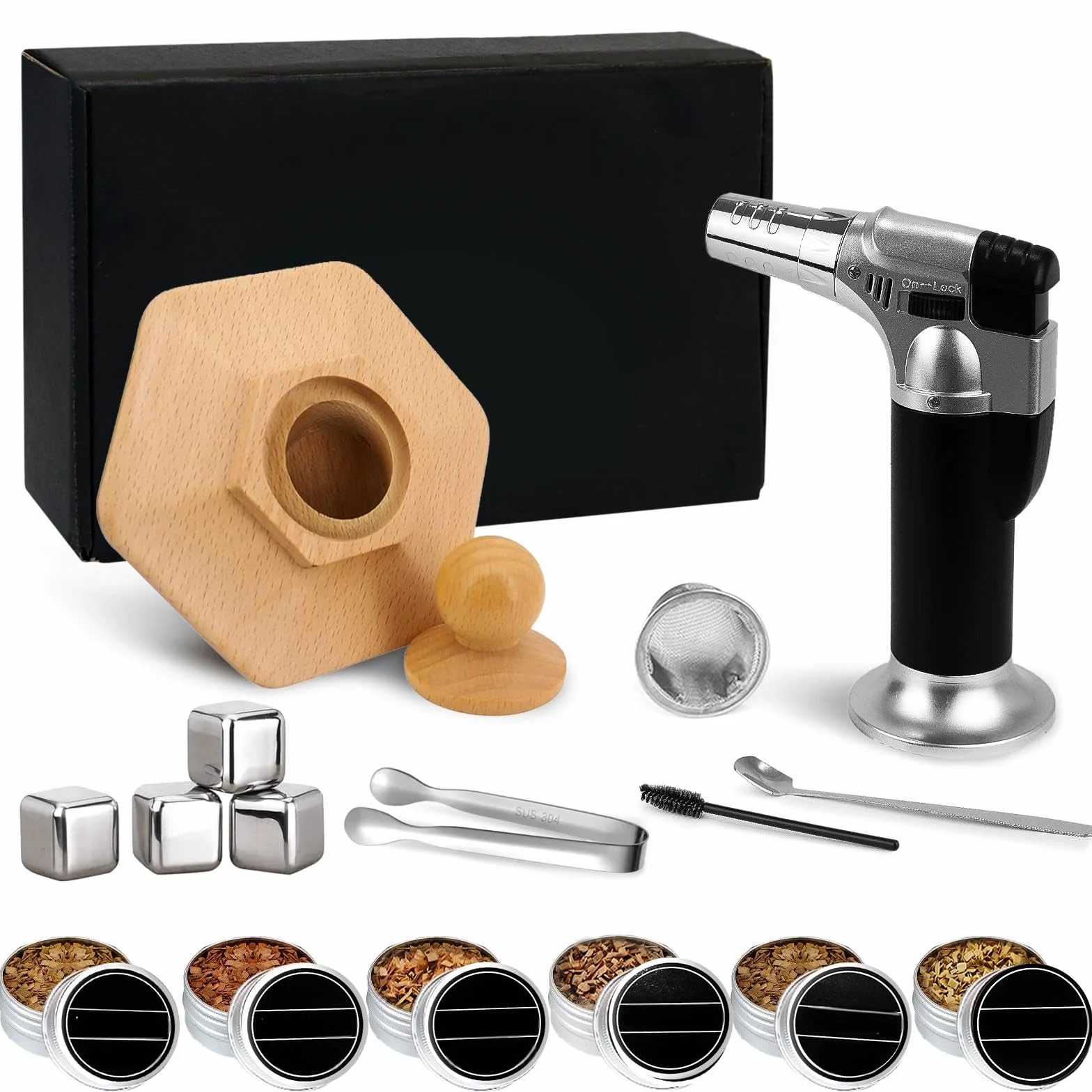 Ahumador de Cócteles con Soplete, Kit de Ahumador de Bebidas con 6 Sabores de Astillas de Madera y 4 Piedras para Whisky