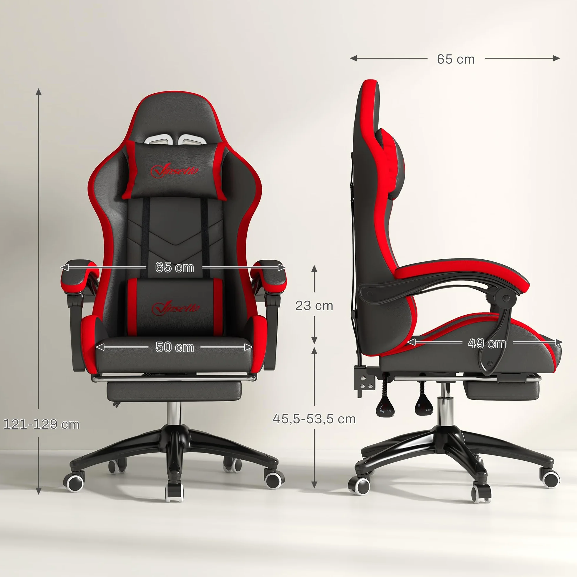 Vinsetto Silla Gaming Ergonómica de Cuero PU Reclinable 135° Soporte Lumbar Altura Ajustable Reposacabezas Reposapiés Retráctil Negro y Rojo