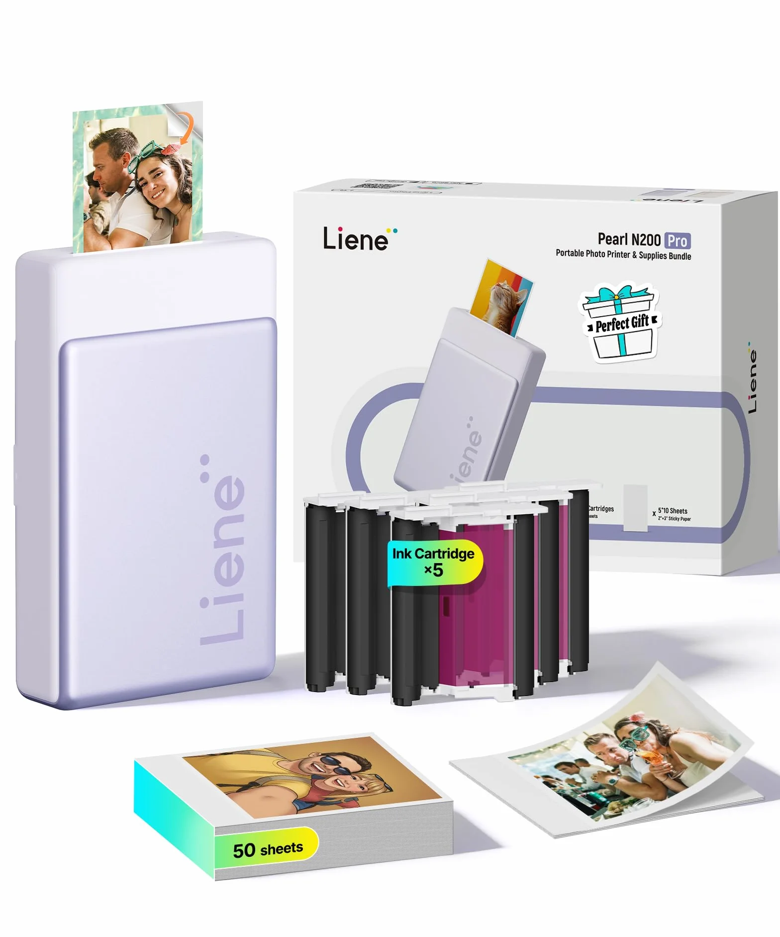 Liene Pearl N200 Pro Kit de Recarga Original: 50 Hojas de Papel de Fotos Adhesivo (5x7.6 cm) y 5 Cintas. Adhesivo, Impermeable y Duradero. Ideal para DIY y Regalos. Solo para DMP130, Púrpura.