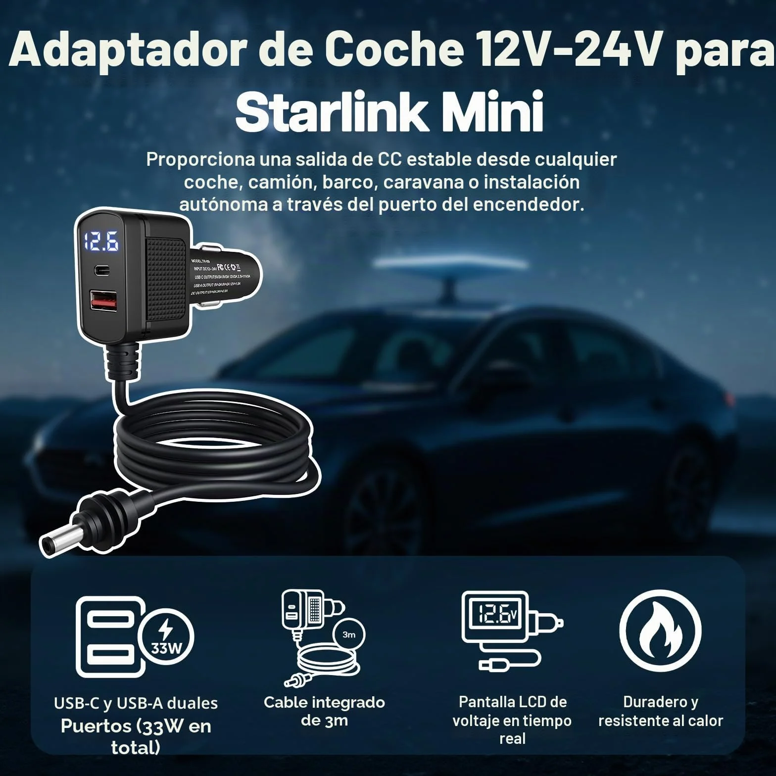Adaptador de Coche para Starlink Mini de MMOBIEL – Cargador USB de Encendedor 12V–24V DC – Cable Resistente de 3M (60W), Puertos Dobles USB-C y A (33W), Pantalla LCD de Voltaje – para Vehículos