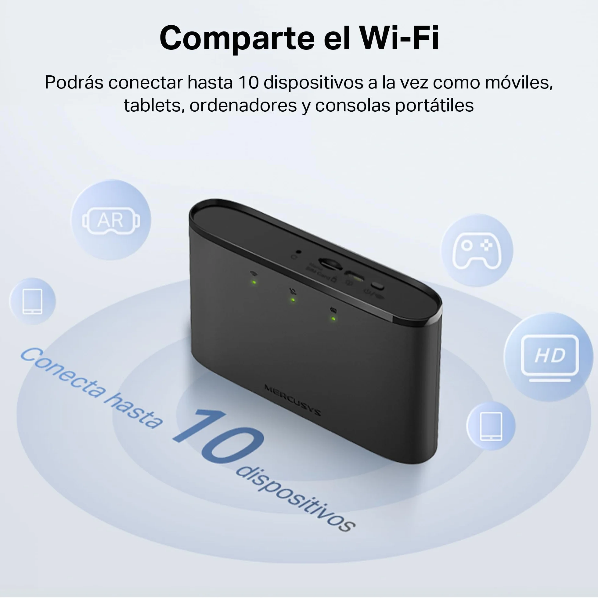 [2024 Neuvo] Mercusys MT110 - Router 4G móvil, 4G Mi-Fi LTE Cat 4 150 Mbps, Batería de 2100 mAh, Conexión hasta 10 Dispositivos, Play y Plug con Tarjeta Nano SIM