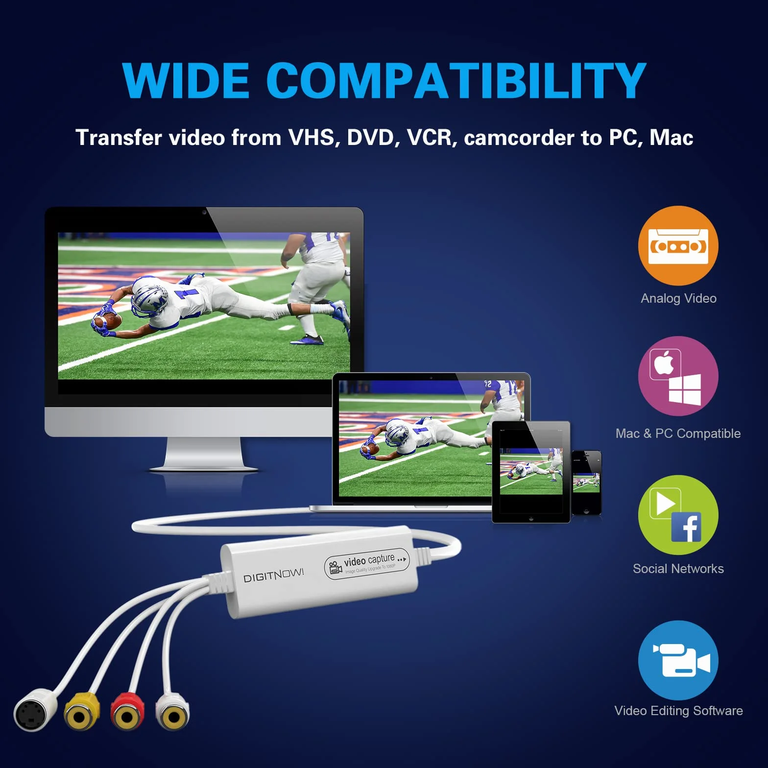DIGITNOW! Tarjeta de Captura de Video USB 2.0, VHS VCR TV to DVD Converter, Compatible con Mac OS X PC Windows 7 8 10
