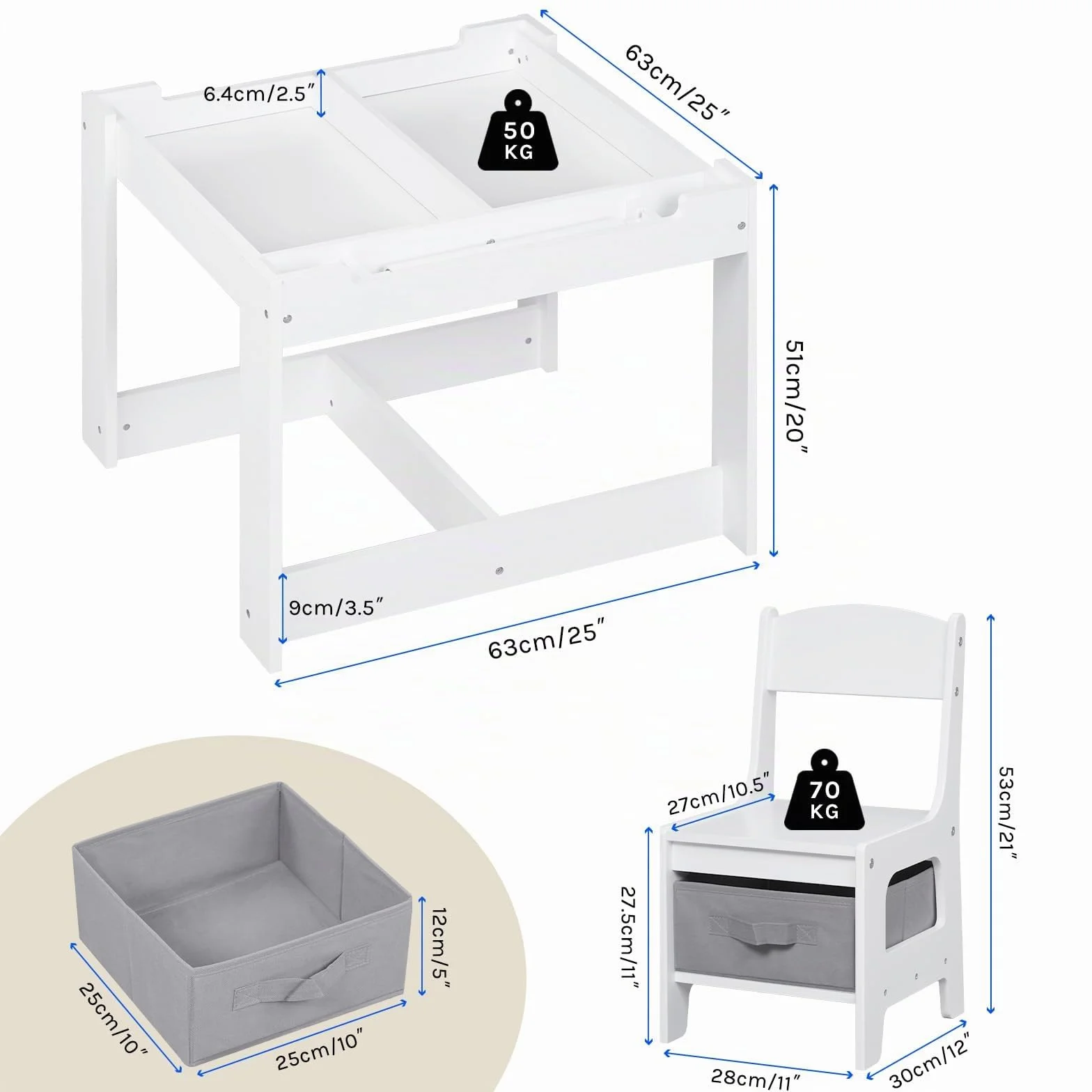 Juego de Mesa y 2 Sillas para Niños de Madera con Almacenamiento, Escritorio Reversible Blanco con Pizarra y Rodillo de Papel