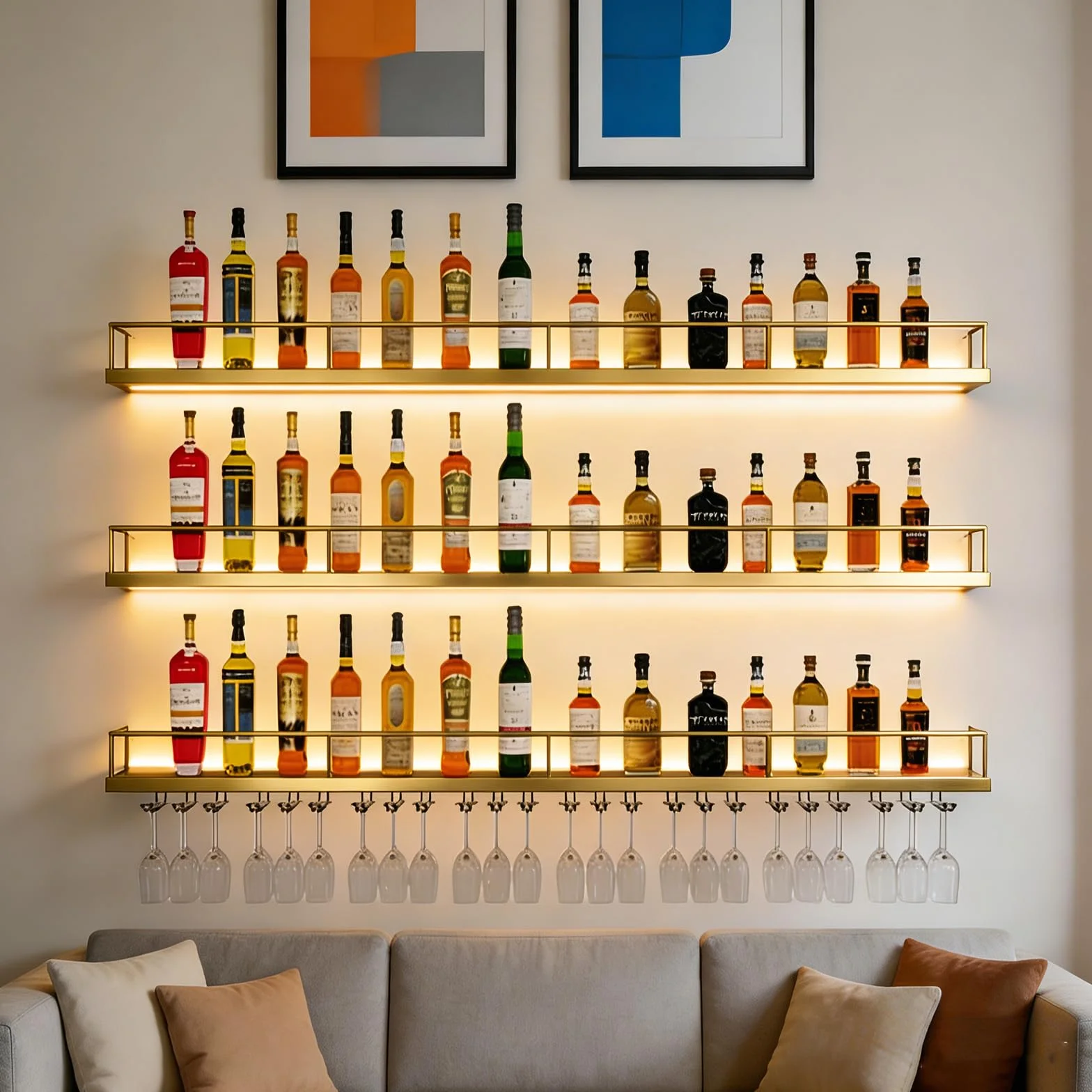 Portabotellas de Pared con Luces LED y Portavasos - Exhibidor de 3 Estantes para Vino, Estructura Metálica, 120cm, Oro