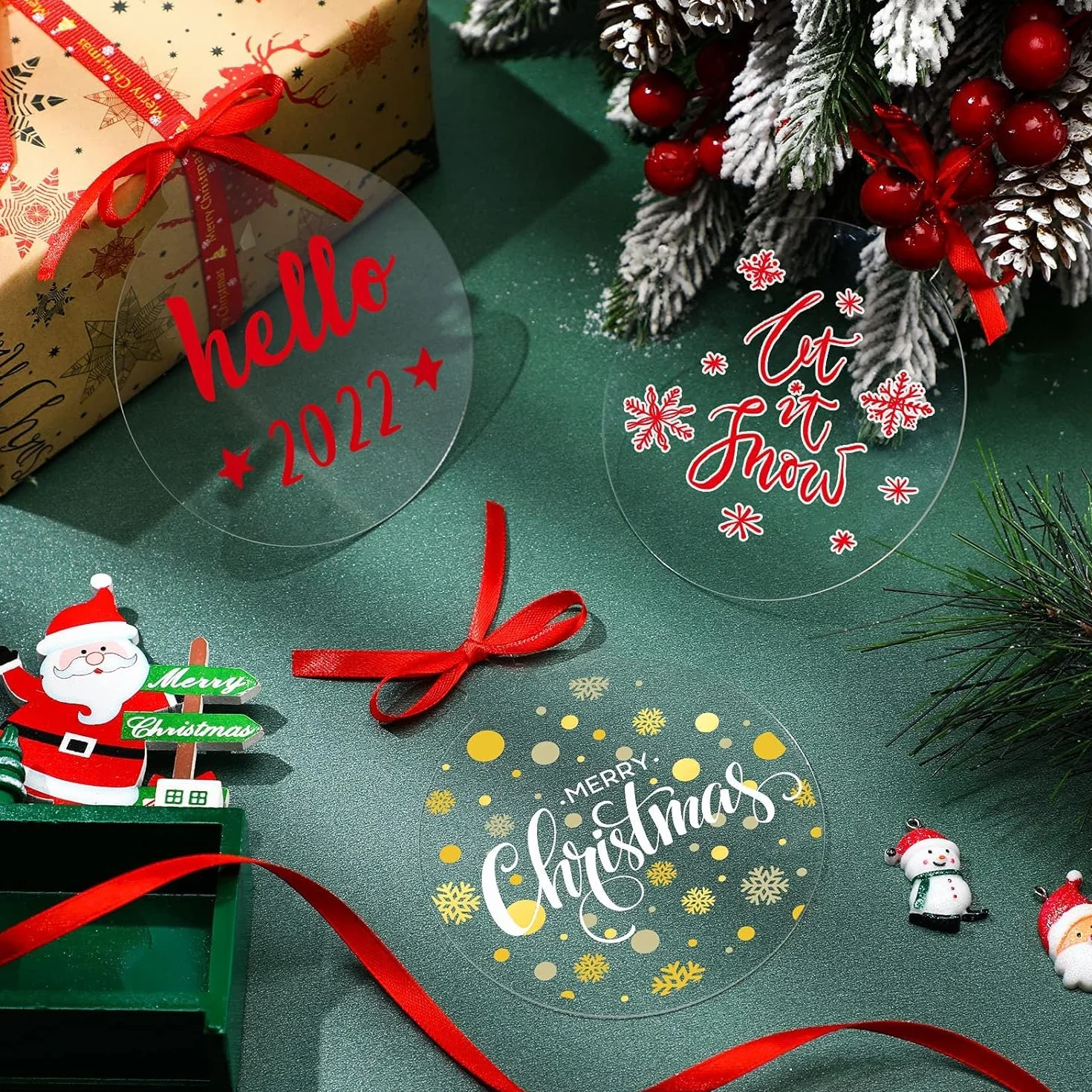 Adorno de Navidad 60 Piezas Disco de Acrílico Transparente 7,6CM Redondo con Cinta Roja para Árbol de Navidad