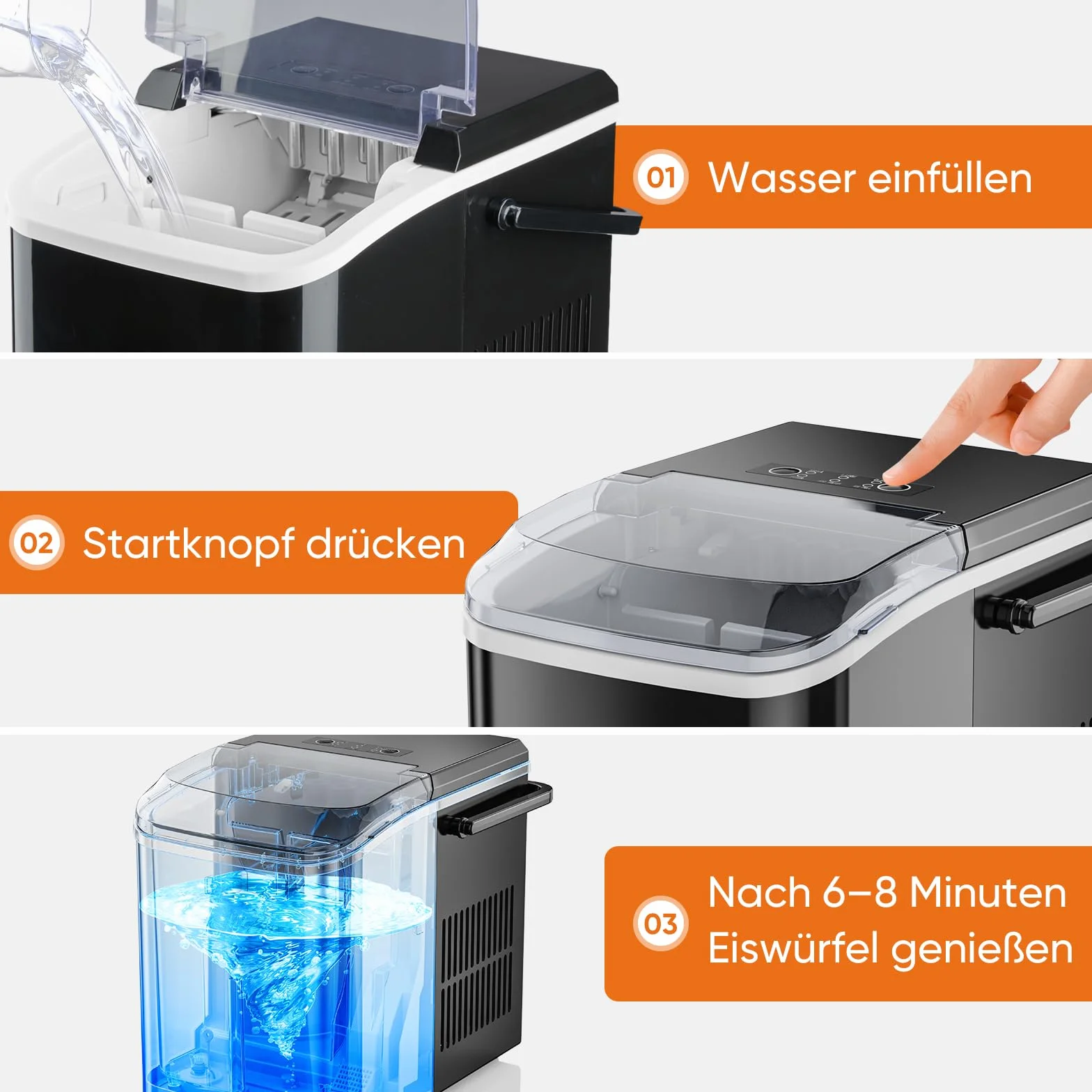 Sweetcrispy Máquina de hielo autolimpiante compacta 9 cubitos 6 min 12 kg/24h 2 tamaños cocina bar negro