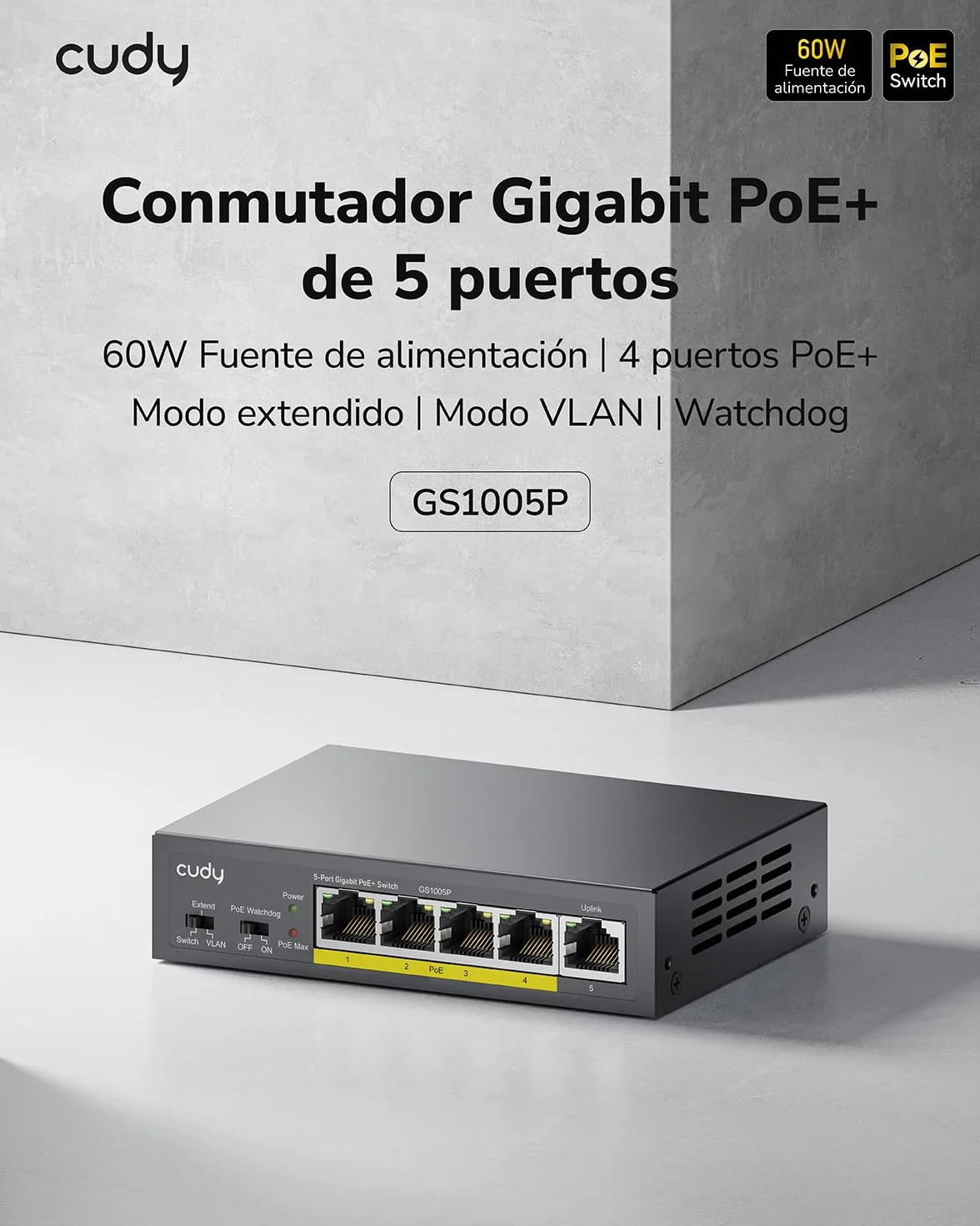 Cudy GS1005P - Conmutador Ethernet Gigabit (5 Puertos PoE+ 60 W, 4 Puertos 10/100/1000 Mbps, PoE+, Switch Unmanaged, Sin alimentación Adicional, 802.3af/at