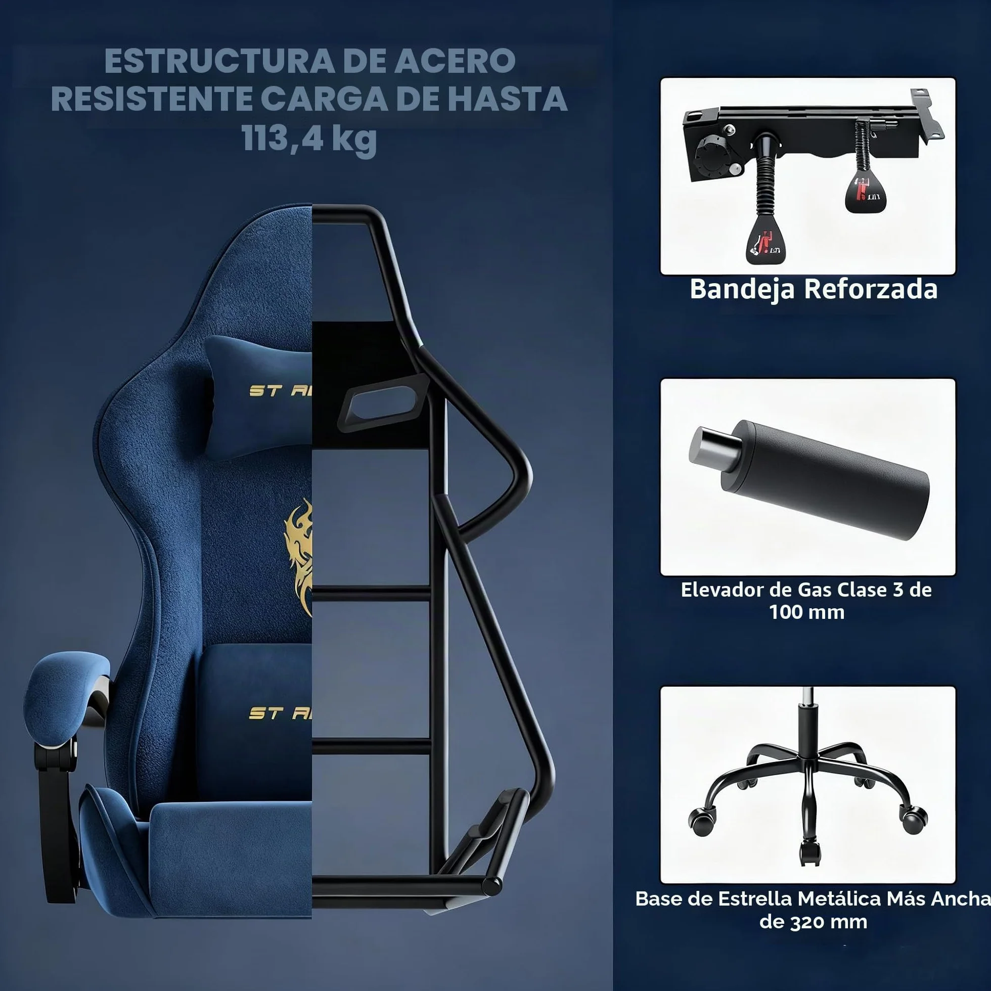 Huracan Silla de Gaming ergonómica, Terciopelo de Microfibra, Altura Regulable, reposabrazos Ajustables, Masaje, cojín Lumbar, reposapiés (Gris)