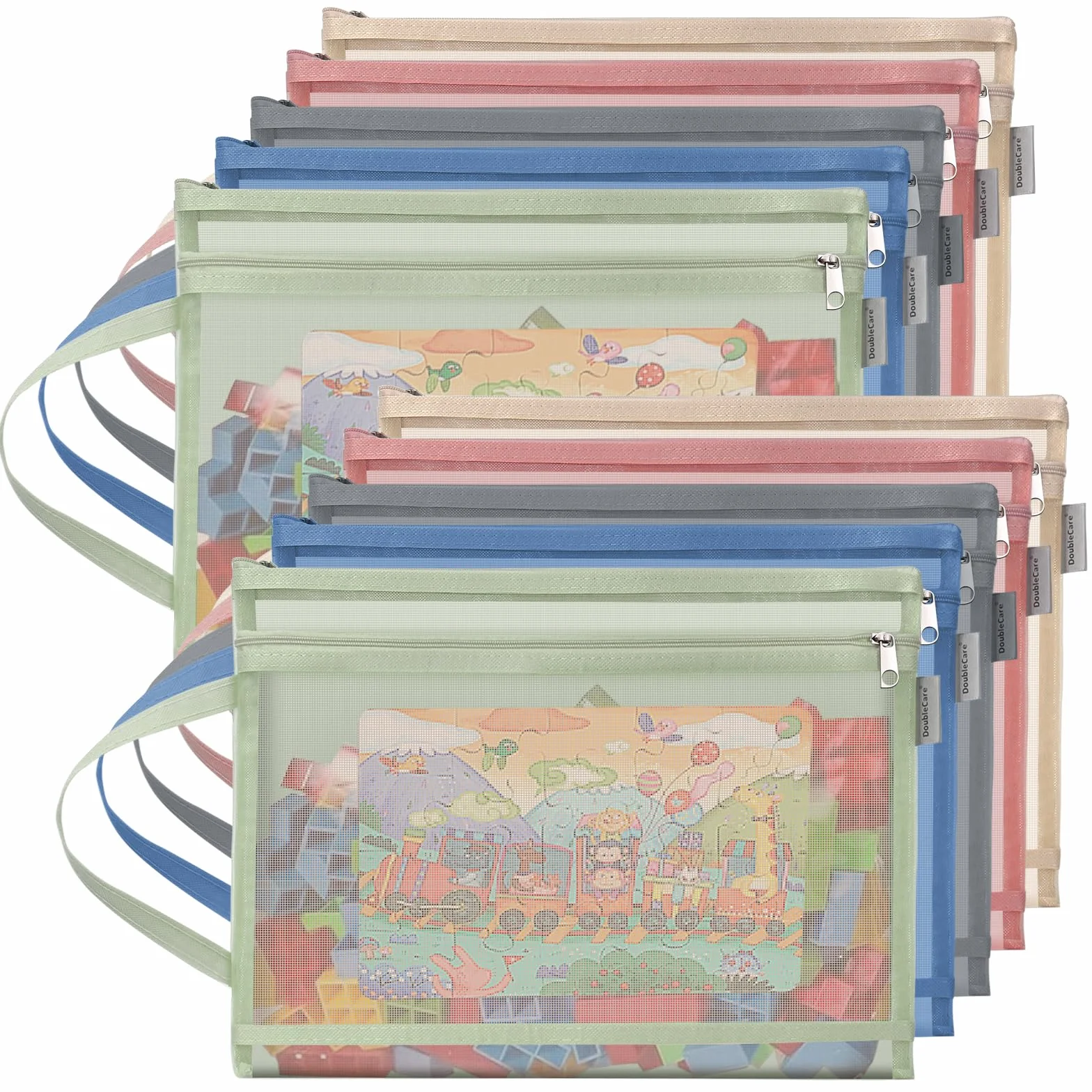 Bolsas de malla de colores con cremallera, 10 paquetes, nailon de doble capa, almacenamiento de juguetes, con asa