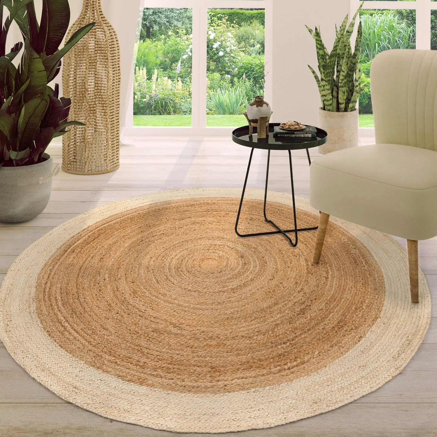 TT Home Alfombra Yute Habitación Salon Dormitoro Redonda Etnica Boho Chic A Mano, Color:Marfil, Tamaño:80 cm Rund