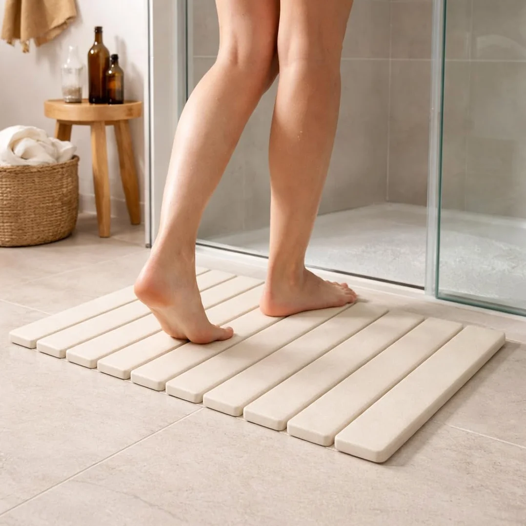Alfombra de Baño de Piedra Diatomita 40x60 cm Antideslizante Secado Rápido Alta Absorción Enrrollable (Rejilla Beige)