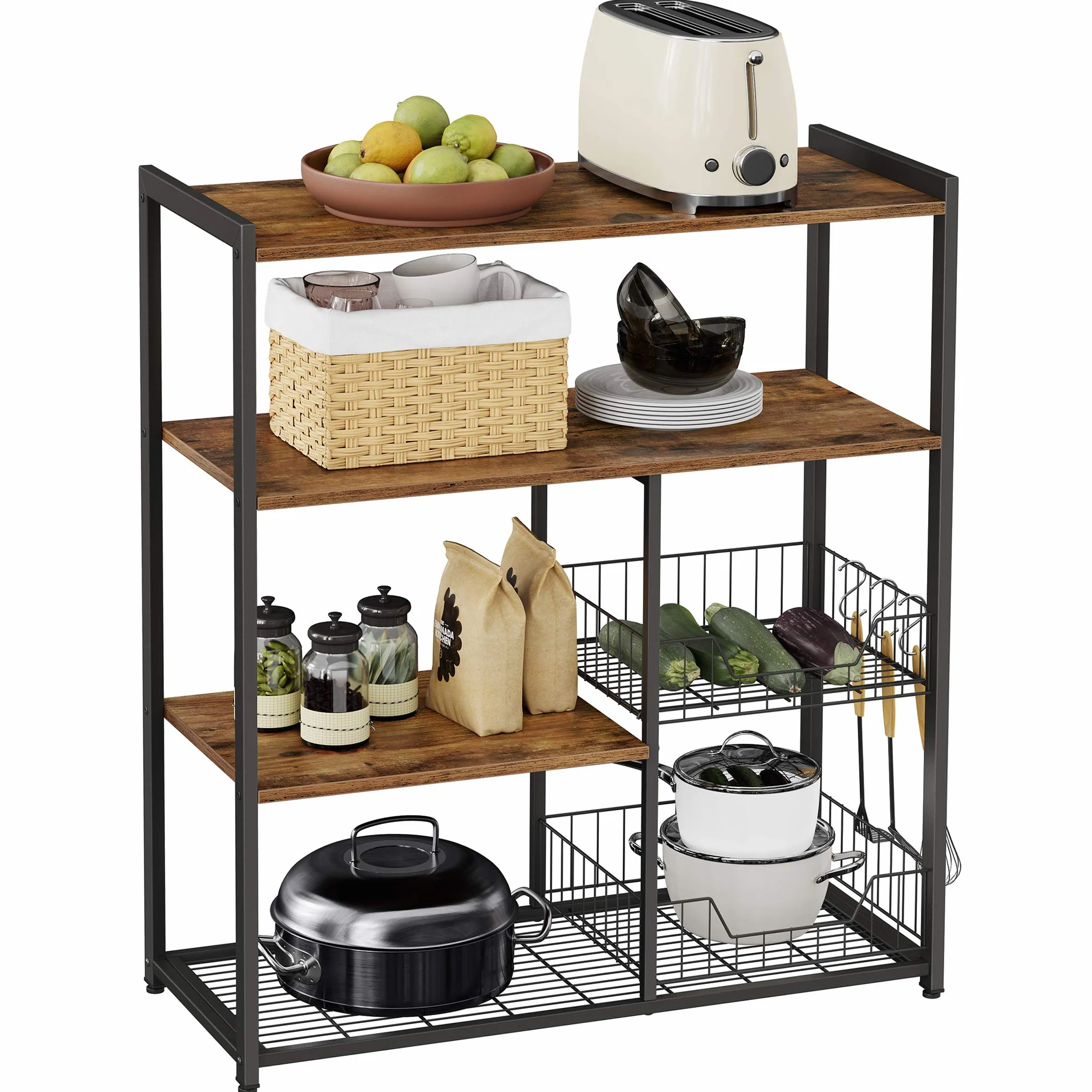 VASAGLE Estantería de Cocina con 2 Cestas de Malla Metálica, con Estantes y Ganchos, Estantería para Microondas, 35 x 80 x 93,5 cm, Marrón Rústico y Negro KKS96X