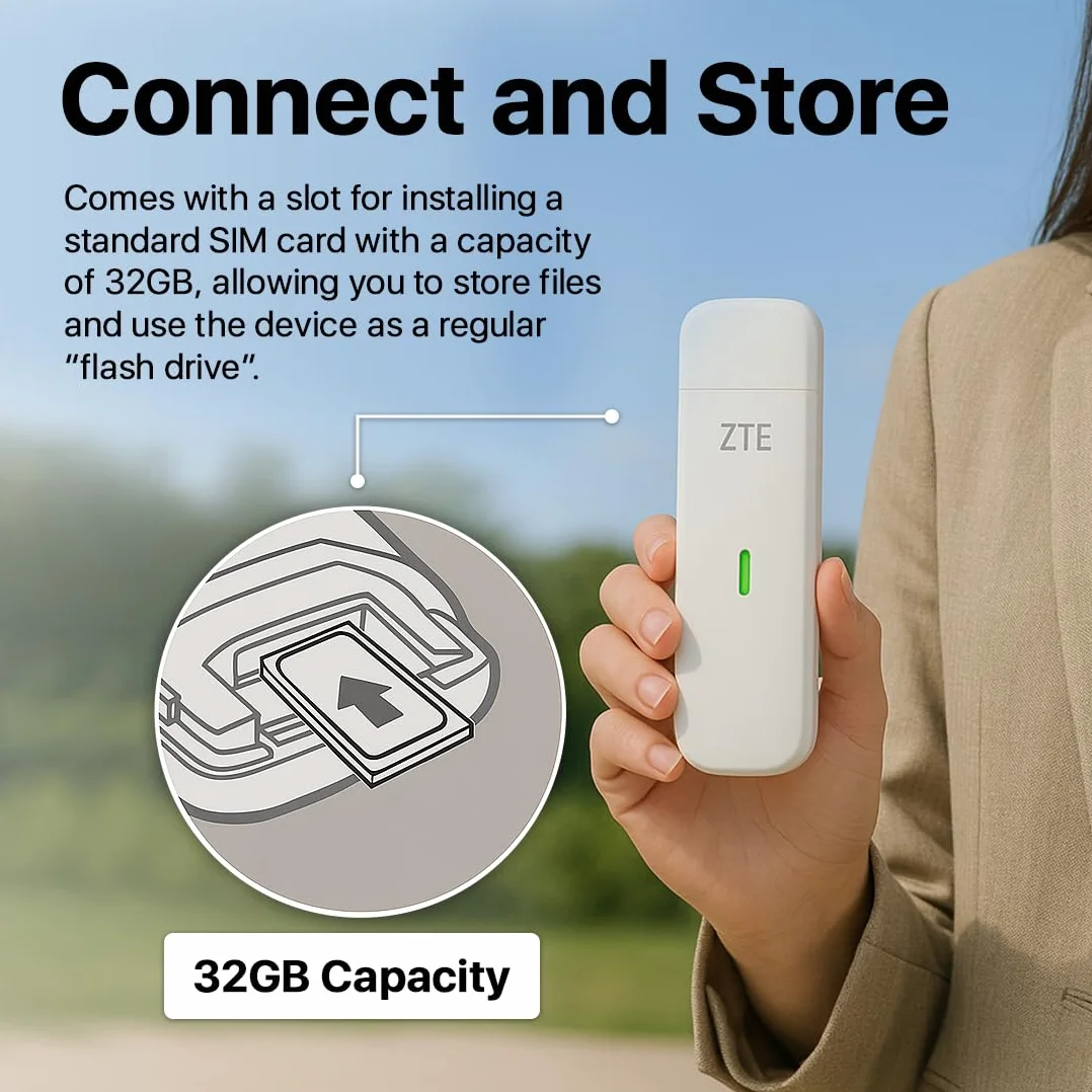 ZTE Dongle USB MF833, CAT4/4G, Desbloqueado de bajo Costo, para Viajes, Wi-Fi de Negocios, Streaming, Juegos, navegación, Compatible con configuración de múltiples Bandas, 2 años de