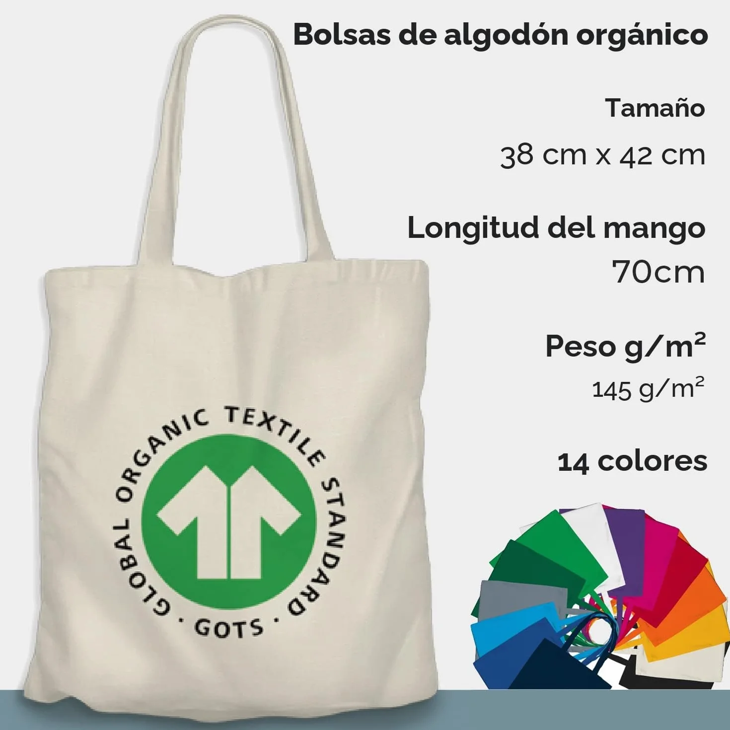 Tote Bag Reutilizable 100% Algodón 38x42cm Asas 70cm 13 Colores