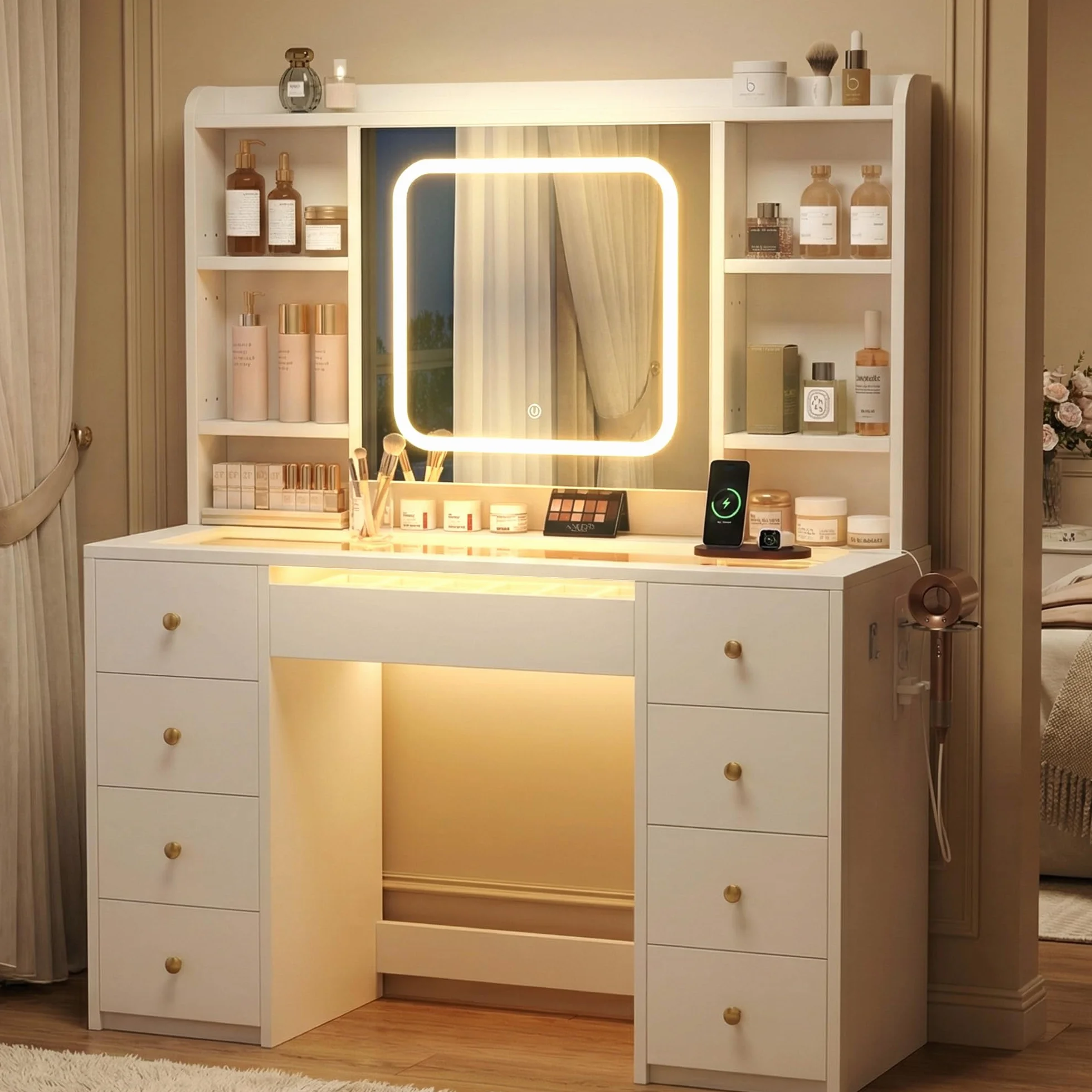 Tocador de Maquillaje con Luces LED Ajustables, Mesa con Espejo, 9 Cajones, 7 Estantes, Soporte para Secador, Blanco