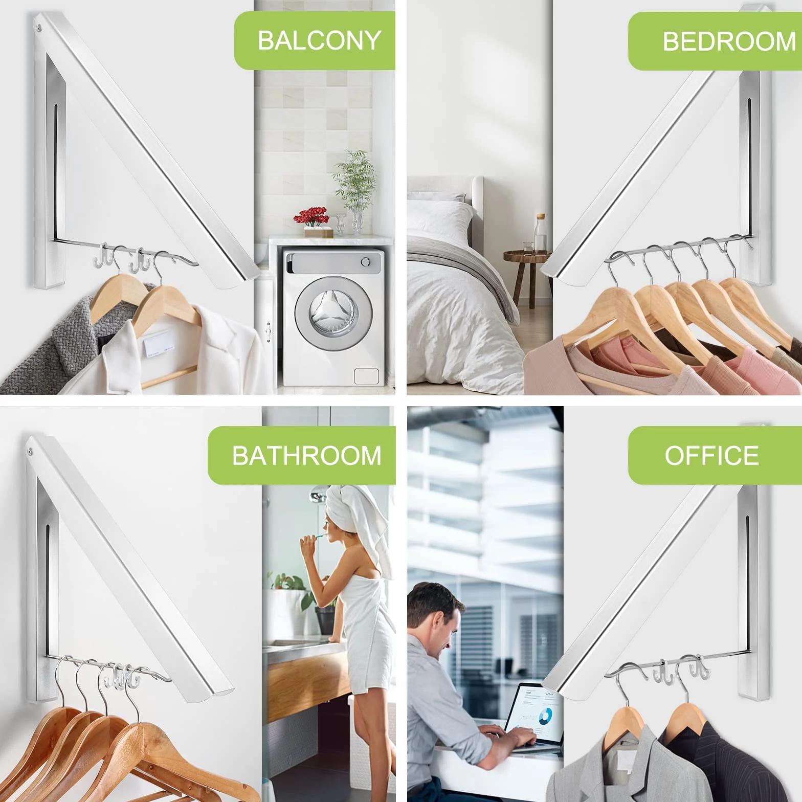 LIVEHITOP Perchero de Pared Plegable, Aluminio, Ahorrar Espacio para Sala, Baño, Oficina (Plata)