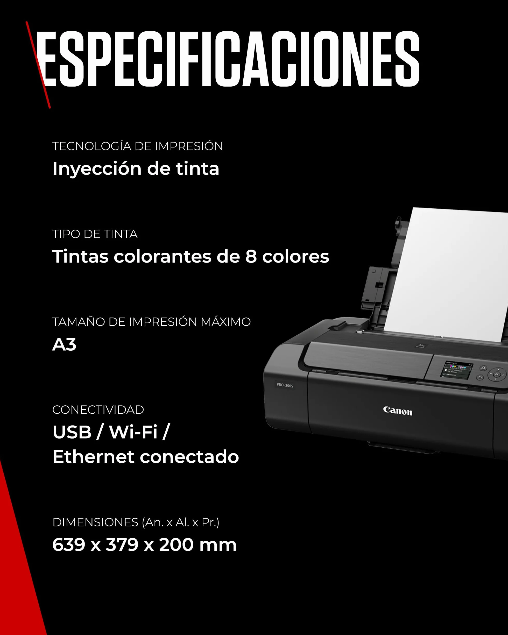 Canon Pixma PRO-200S Impresora Fotográfica Profesional, Sistema de Inyección de Tinta, A3+, WiFi, 8 Cartuchos de Tinta, Impresión Sin Bordes, Impresión de Alta Velocidad, Negro