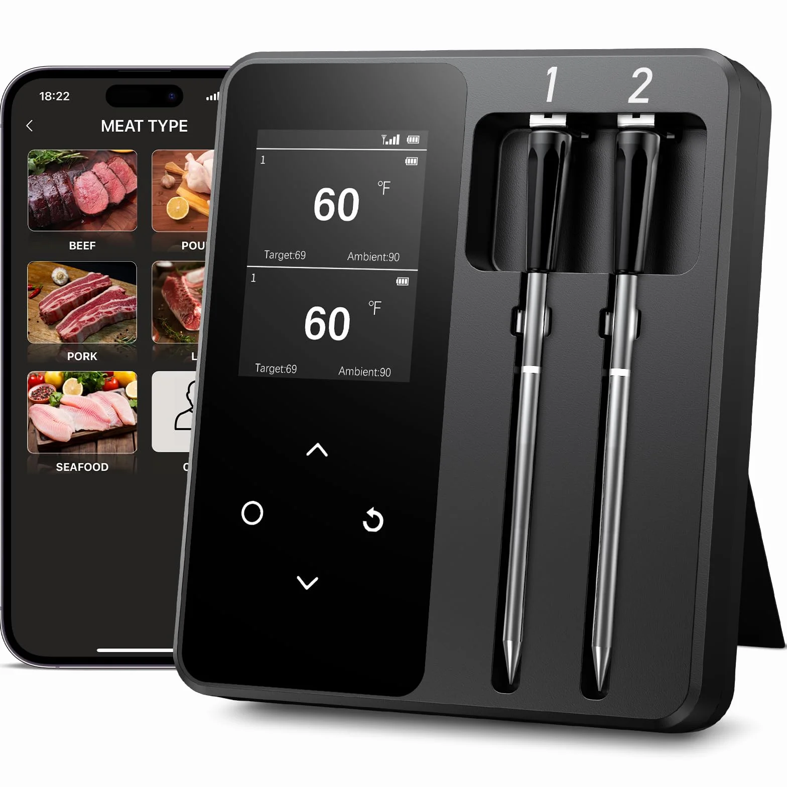 Termómetro Cocina Inalámbrico con 2 Sondas, Pantalla LCD, 130m Alcance, Termómetro Carne con APP Inteligente para Barbacoa, Horno, Parrilla, Ahumador, Asador, Freidora, IP67 Resistente al Agua