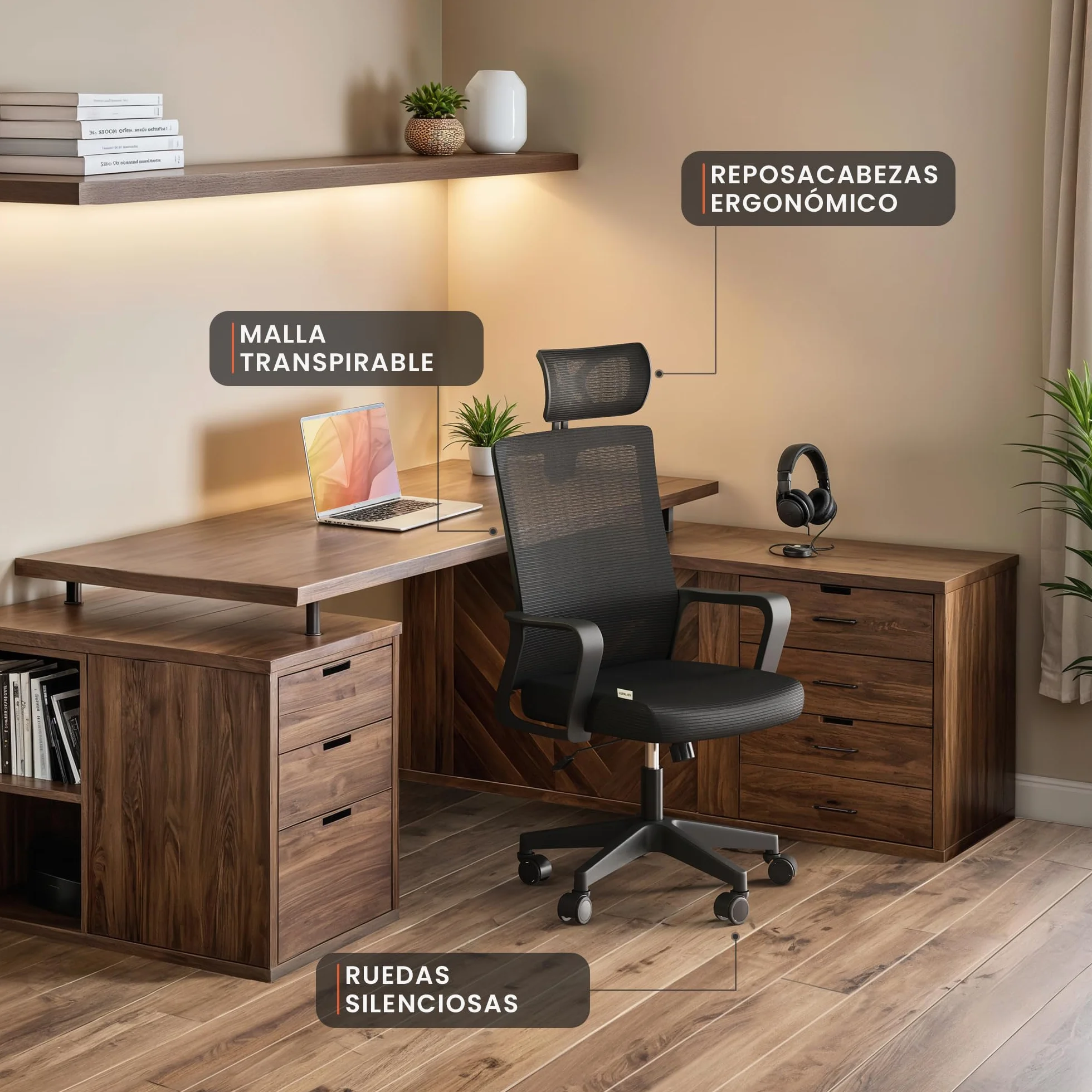 Silla Escritorio Ergonomica Ajustable Reclinable con Soporte Lumbar, Malla Transpirable, 120kg (Negro)