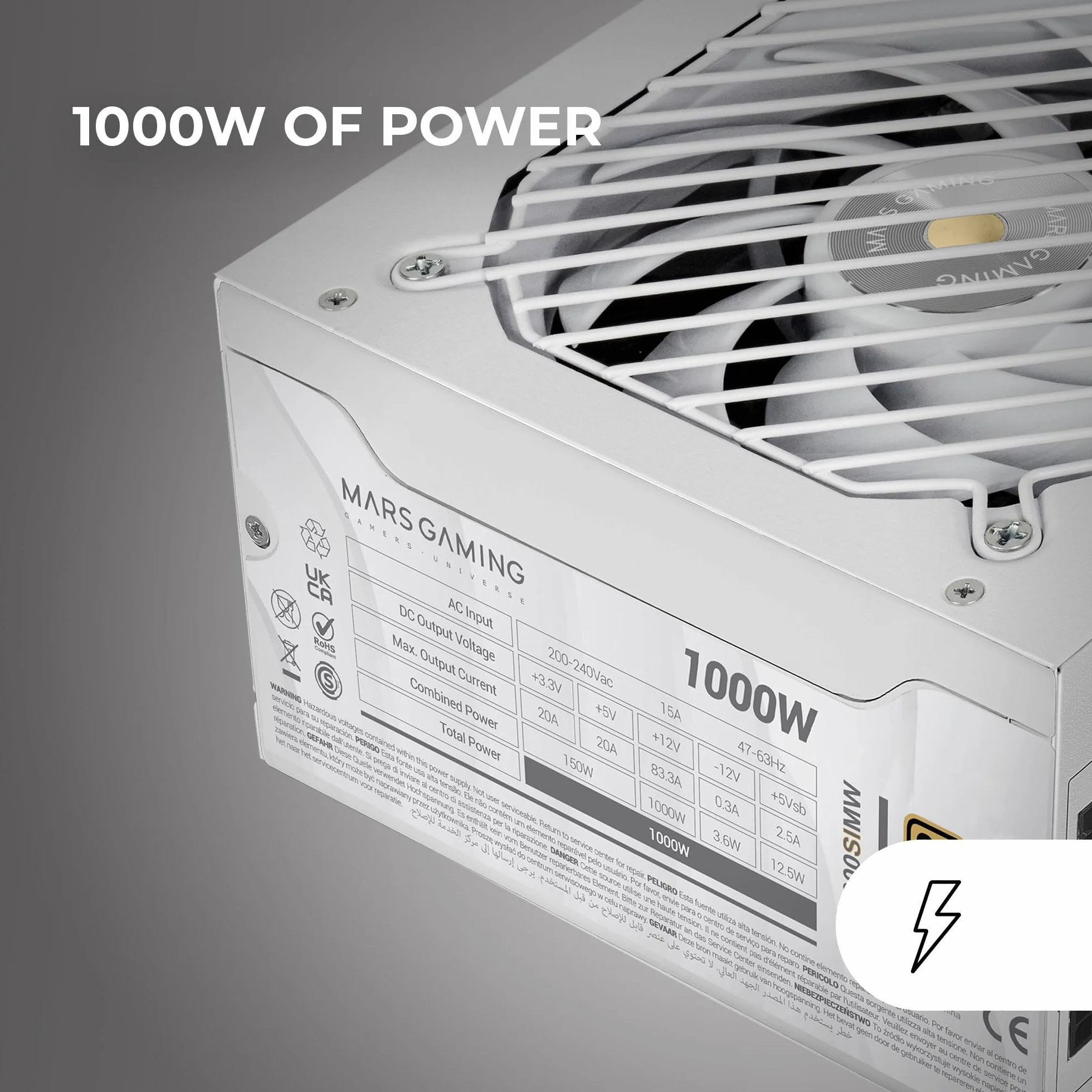 Mars Gaming MPB1000SIM, Fuente Alimentación Full Modular ATX 1000W, 7 Años Garantía, 80Plus Gold 90%, Ventilador SI Extreme Silence 140mm, Tecnologías AI2-RPM, Condensadores Japoneses, Blanco
