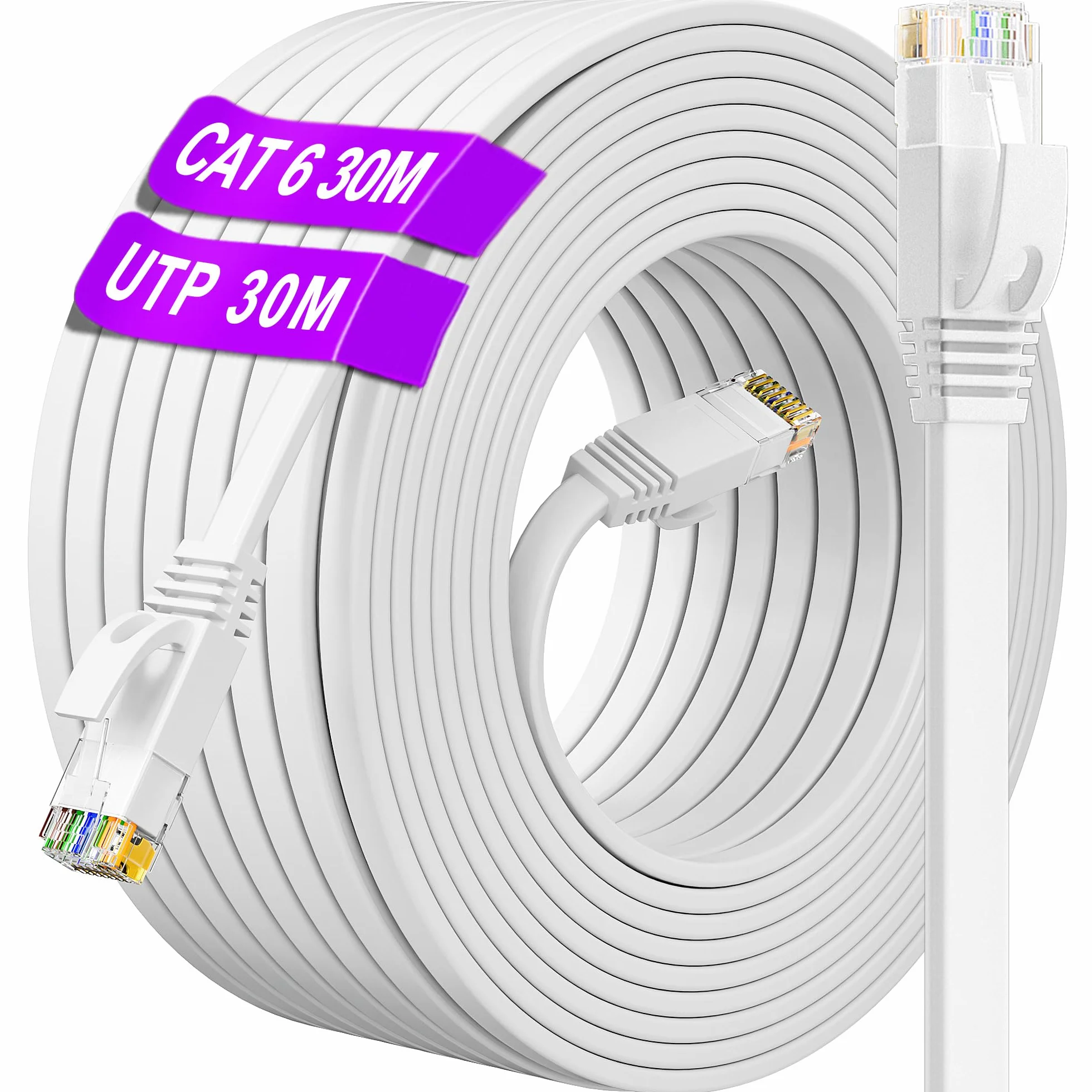 Cable Ethernet 30 metros, Cat 6 Cable de Red 30m Blanco, Largo Plano RJ45 Cable LAN Alta Velocidad 10/100/1000Mbps 250MHz, Exterior Interior Gigabit Cable Internet para Router Switch Módem (30 Clips)