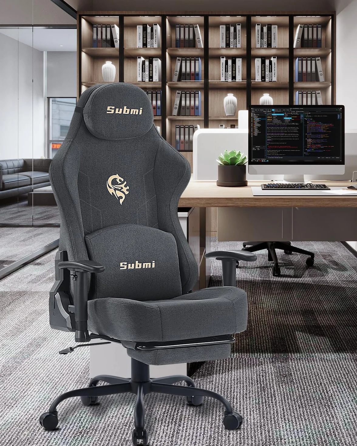 Silla Gaming Ergonómica Réglable Oficina Acolchada PC Gamer Adultos con Reposapiés Soporte Lumbar 150Kg Gris Oscuro