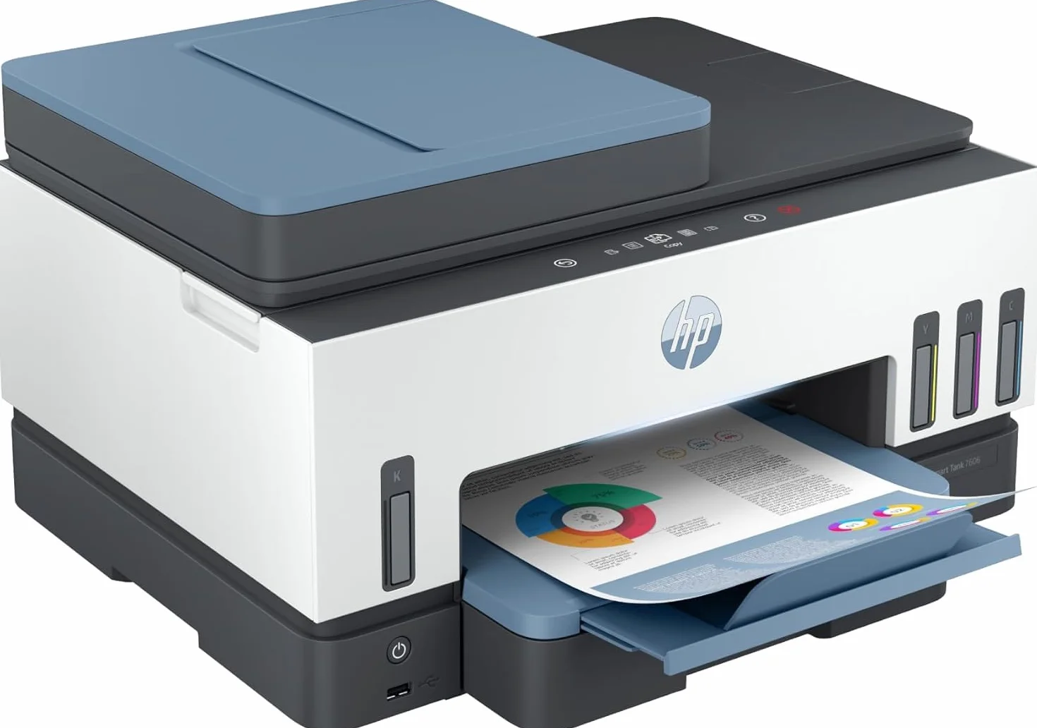HP Smart Tank 7606 28C03A - Impresora A4 Multifunción con Deposito de Tinta Recargable, Impresión a Color, Escaner, Copiadora, Fax, Wi-Fi, Smart App, Blanco y Azul
