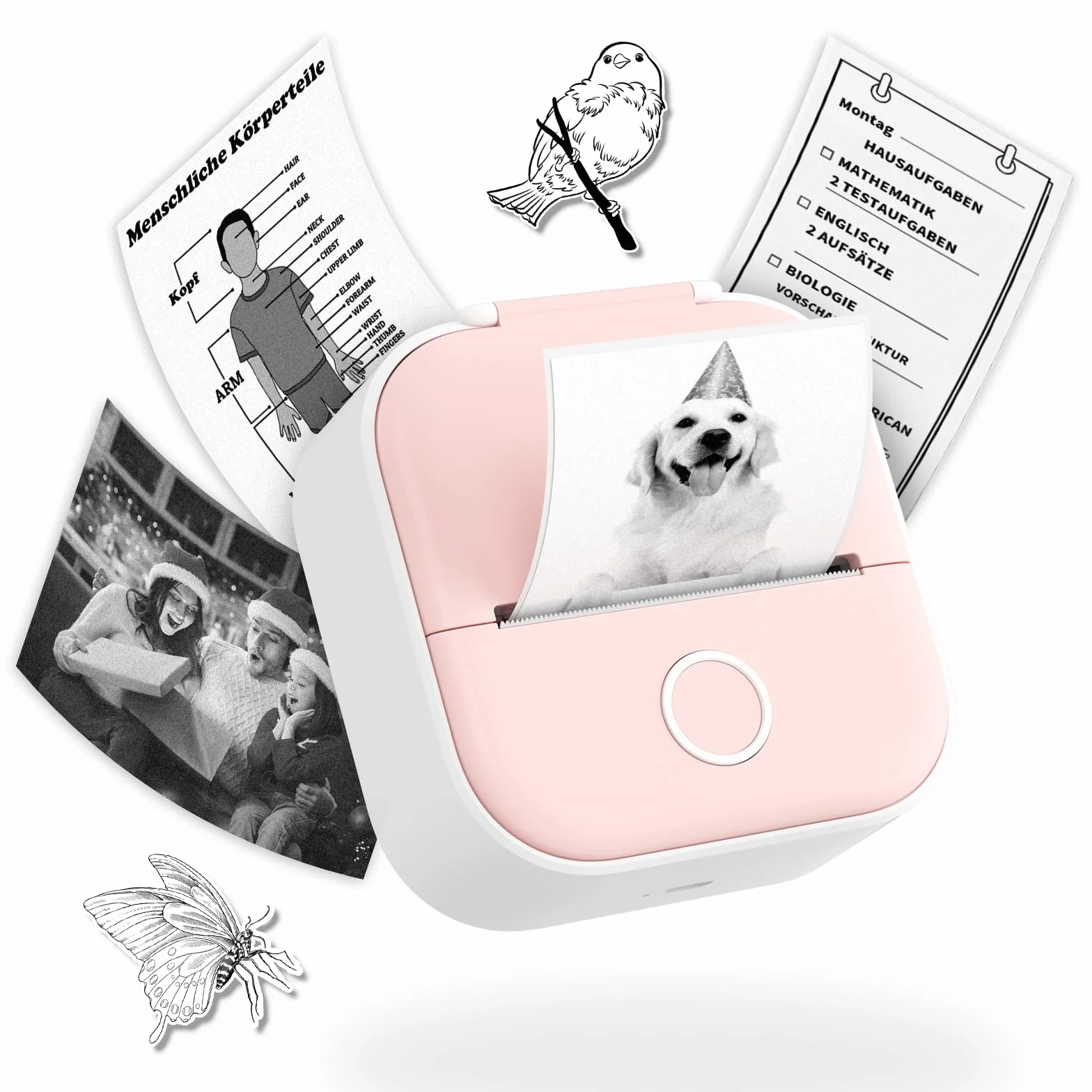 Mini Impresora Termica, T02 Mini Impresora Pegatinas para Movil y Tabletas, para Diarios, Pegatinas, Notas, Memorandos, Regalos, Compatible con iOS y Android, Rosado