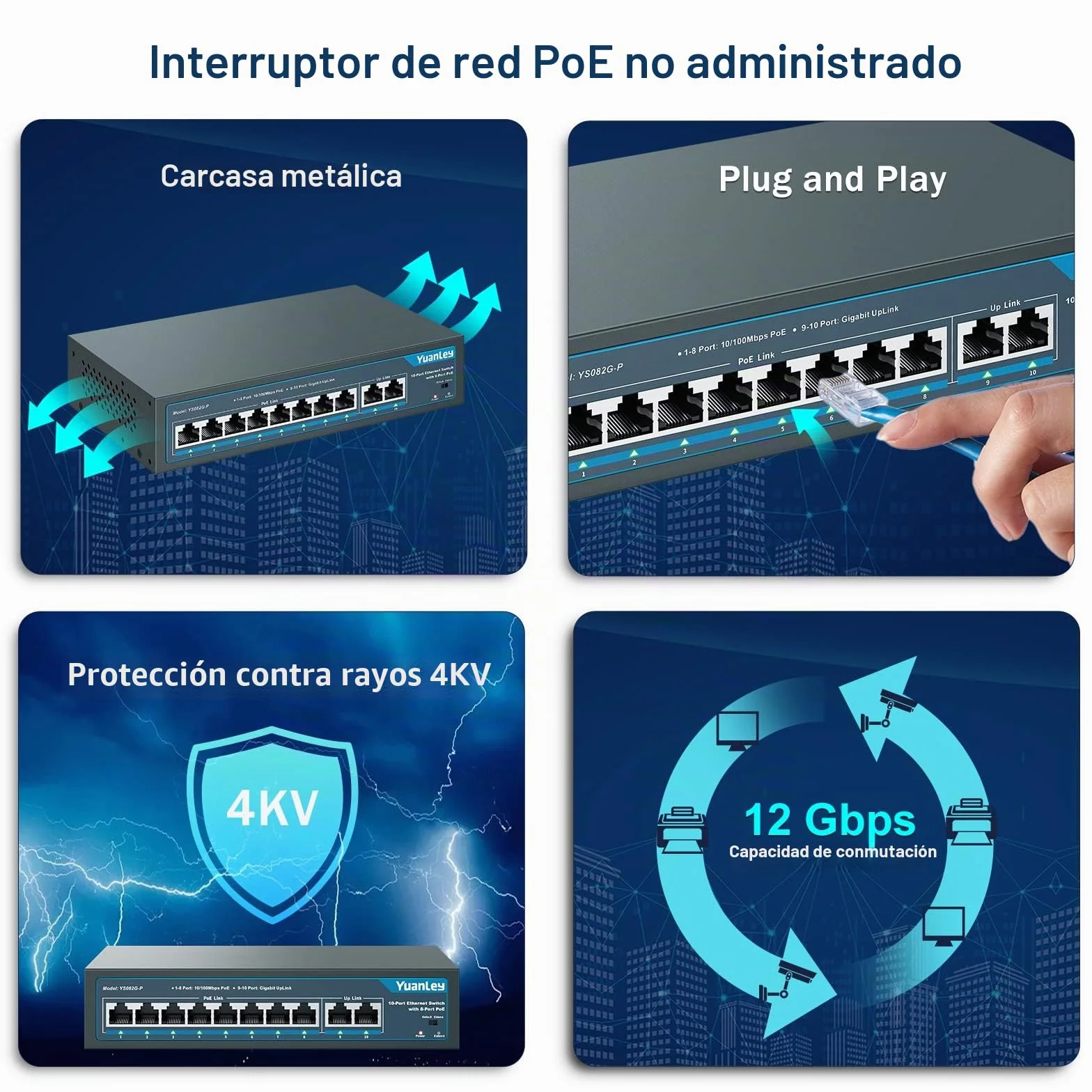YuanLey 10 Port PoE Switch, 8 PoE+ Port 100Mbps, 2 Uplink Gigabit, 120W 802.3af/at, Función de Extensión, Sin Ventilador, Metal, Plug & Play