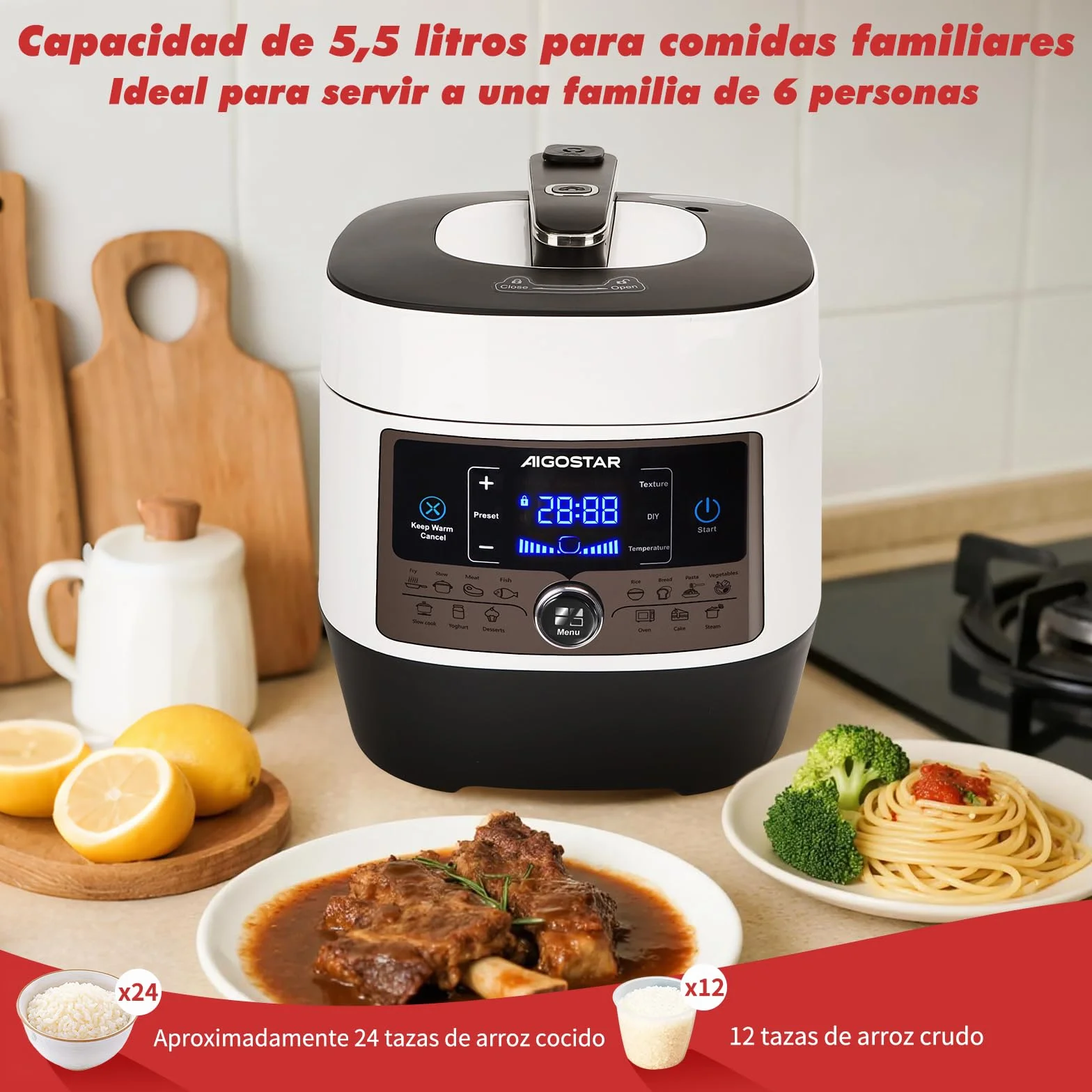 Aigostar Olla a Presión 5.5L 1000W, Antiadherente, 14 Funciones, Temporizador 24H, Blanco