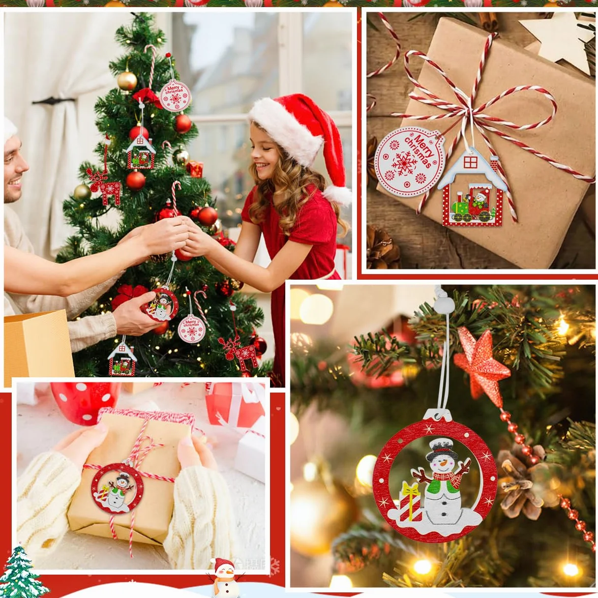 QINERSAW 24 Piezas Adornos de Madera para Árbol de Navidad con Cordel