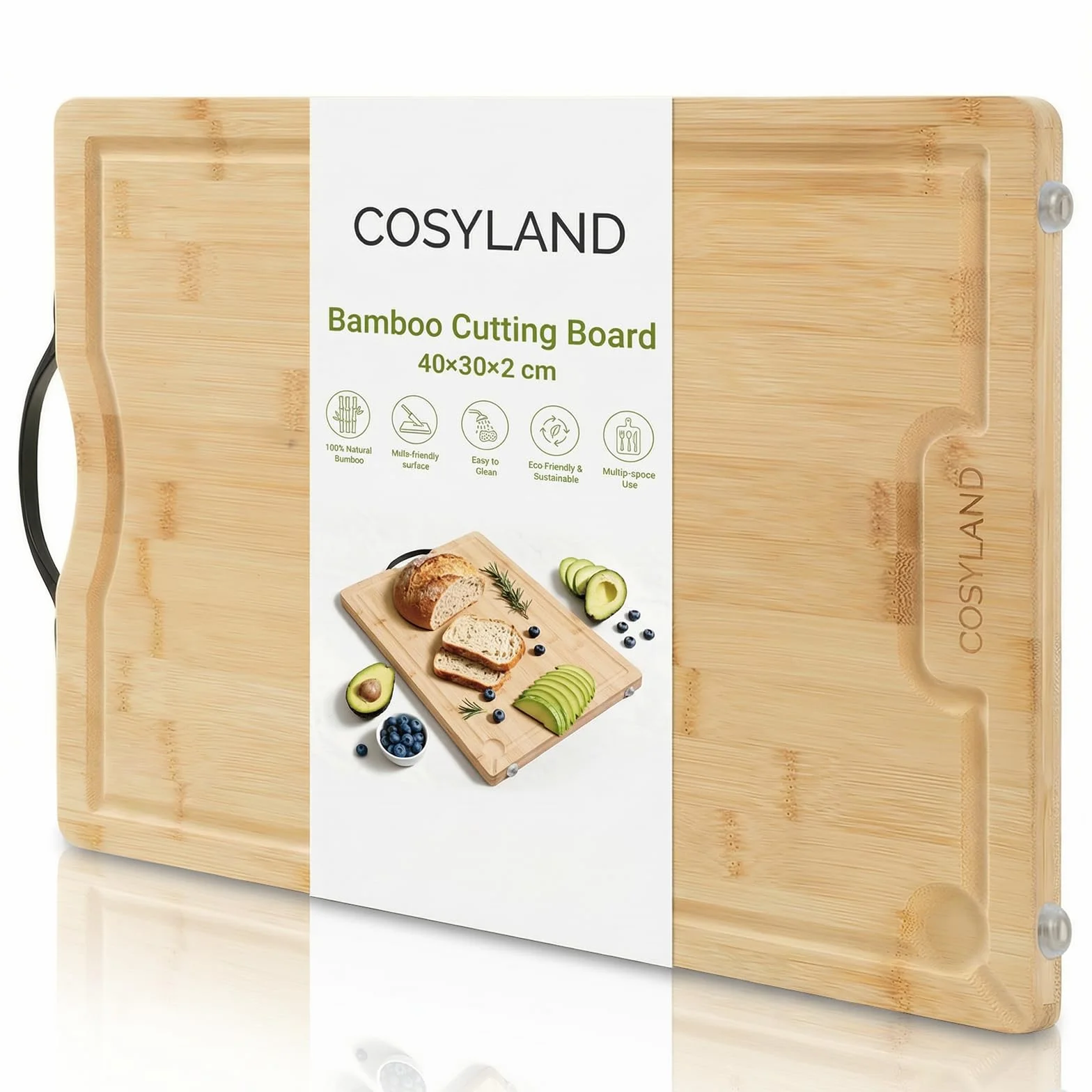 COSYLAND Tabla de Cortar de Madera 40x30x2 cm Preaceitada con Ranura para Jugos y Patas Antideslizantes