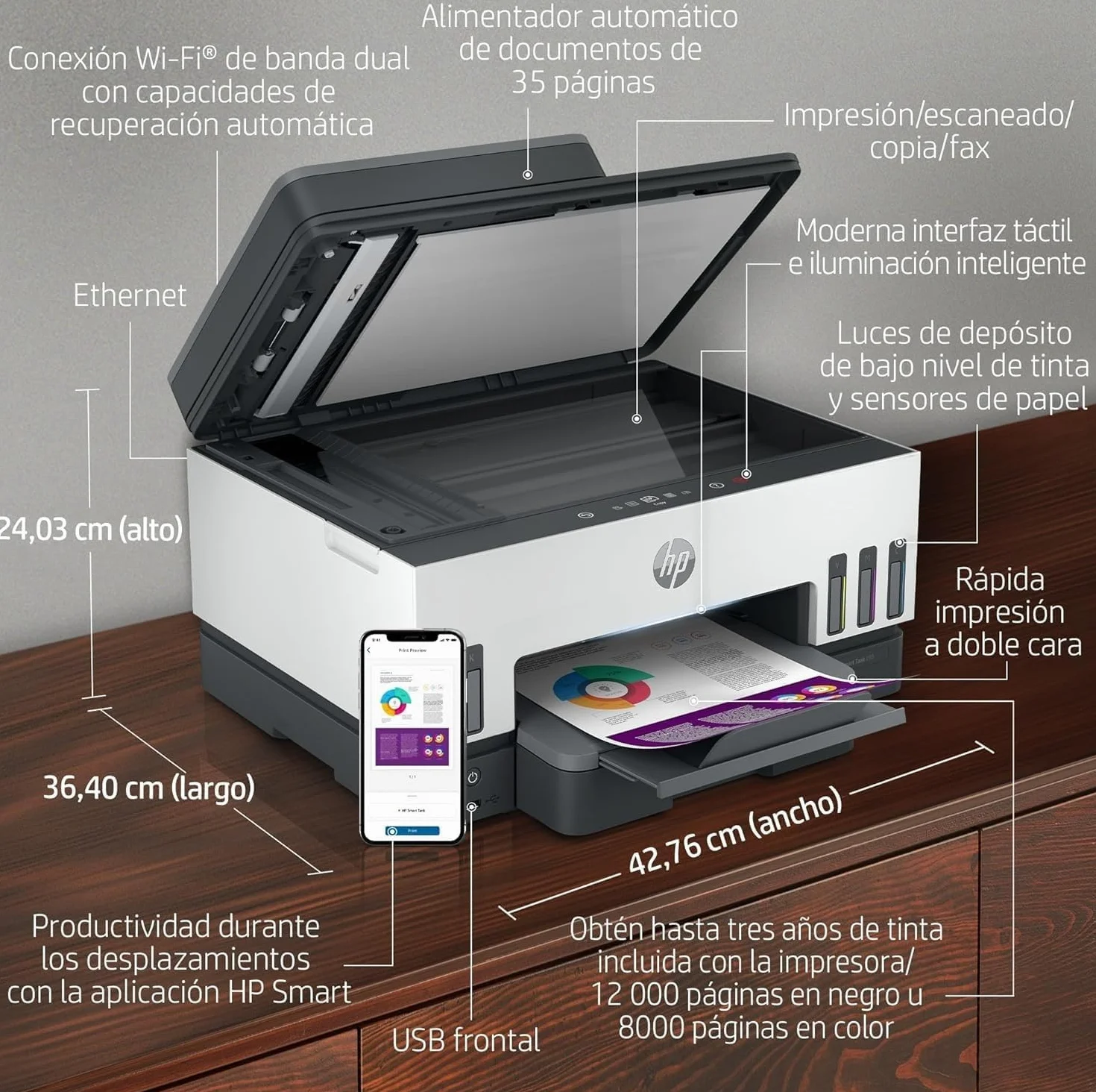 HP Smart Tank 7605 28C02A - Impresora A4 Multifunción con Deposito de Tinta Recargable, Impresión a Color, Escaner, Copiadora, Fax, Wi-Fi, Smart App, Blanco y Negro