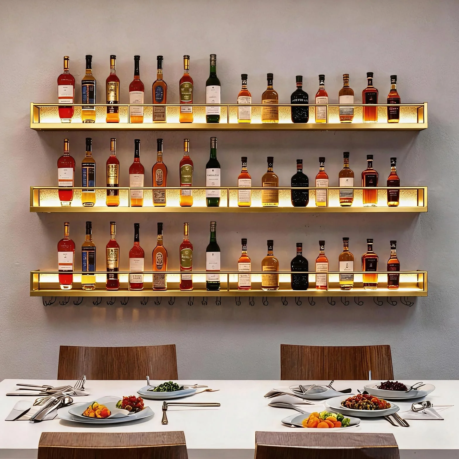 Portabotellas de Pared con Luces LED y Portavasos - Exhibidor de 3 Estantes para Vino, Estructura Metálica, 120cm, Oro