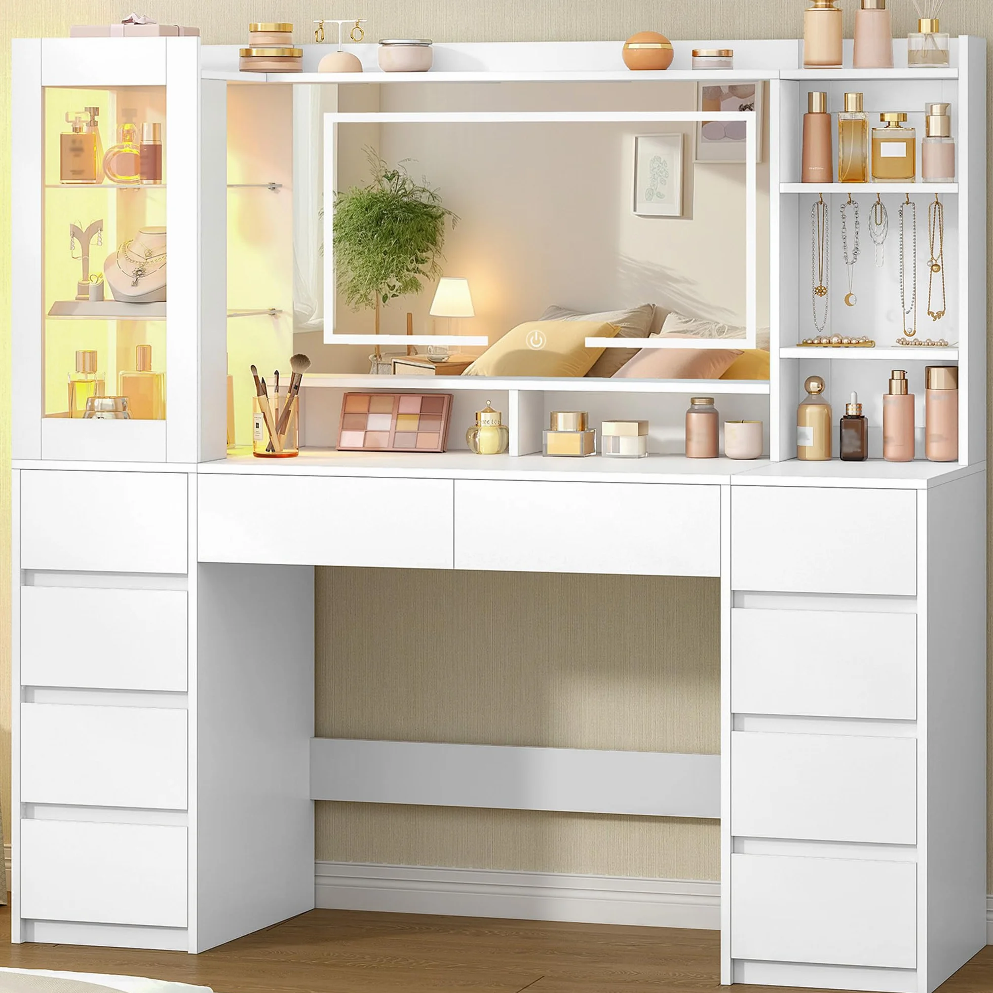 Tocador de Maquillaje Grande 140 cm con Espejo HD, Tira de Luz RGB, 10 Cajones, Blanco