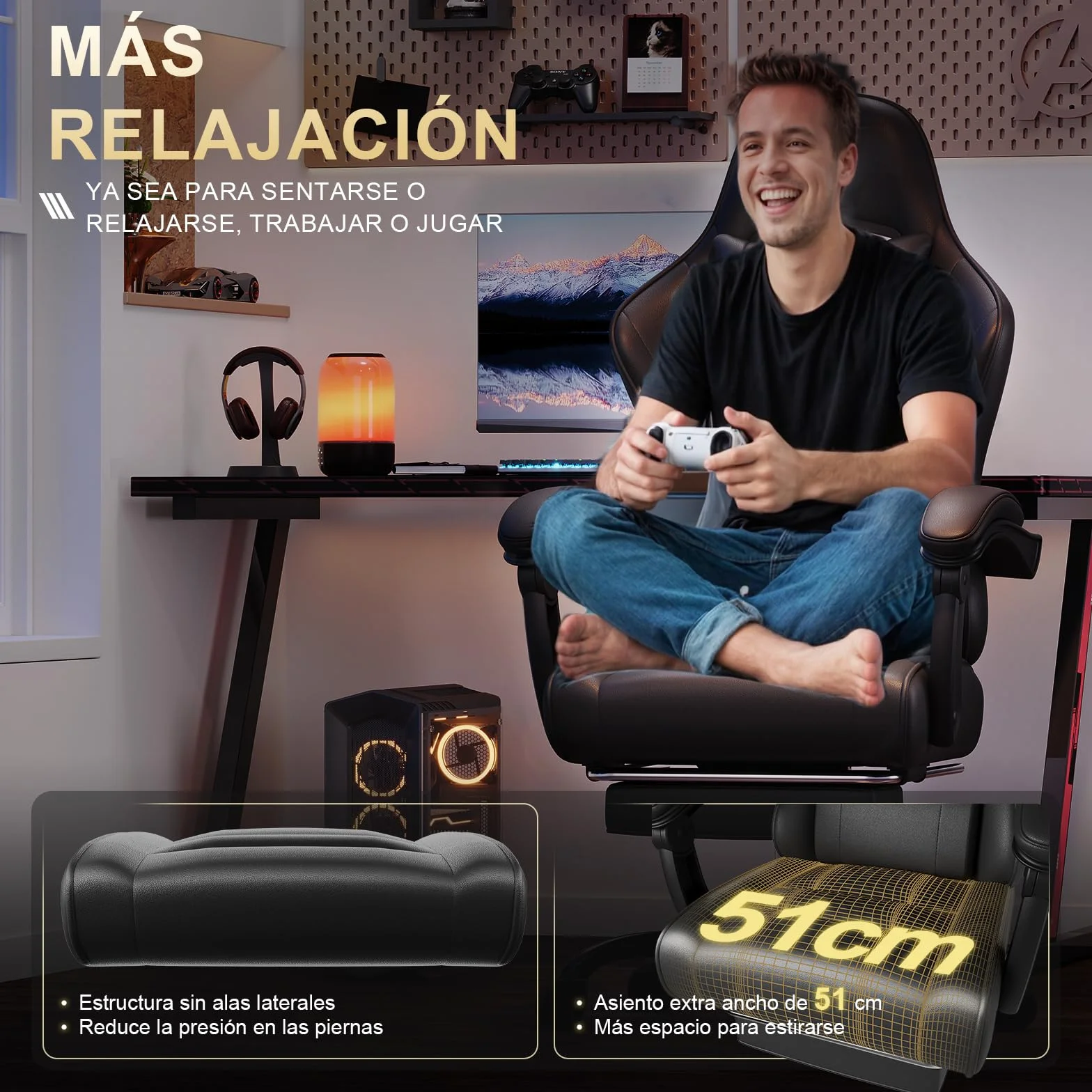 TRIUMPHKEY Silla Gaming Ergonómica con Masajeador, Reclinable 90-150°, 150 kg, Negro