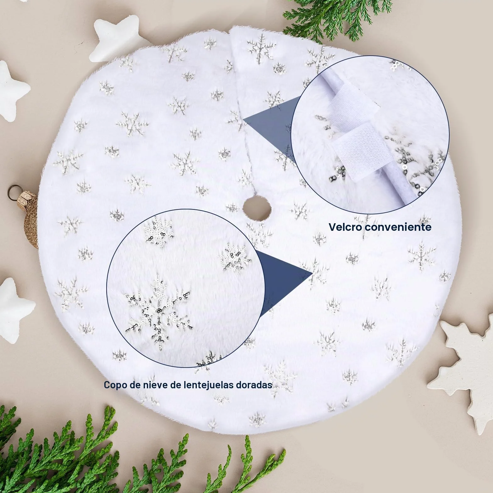 Falda Árbol de Navidad Blanco 78 CM Redondo Tapete Decoración Alfombra Manta Plata