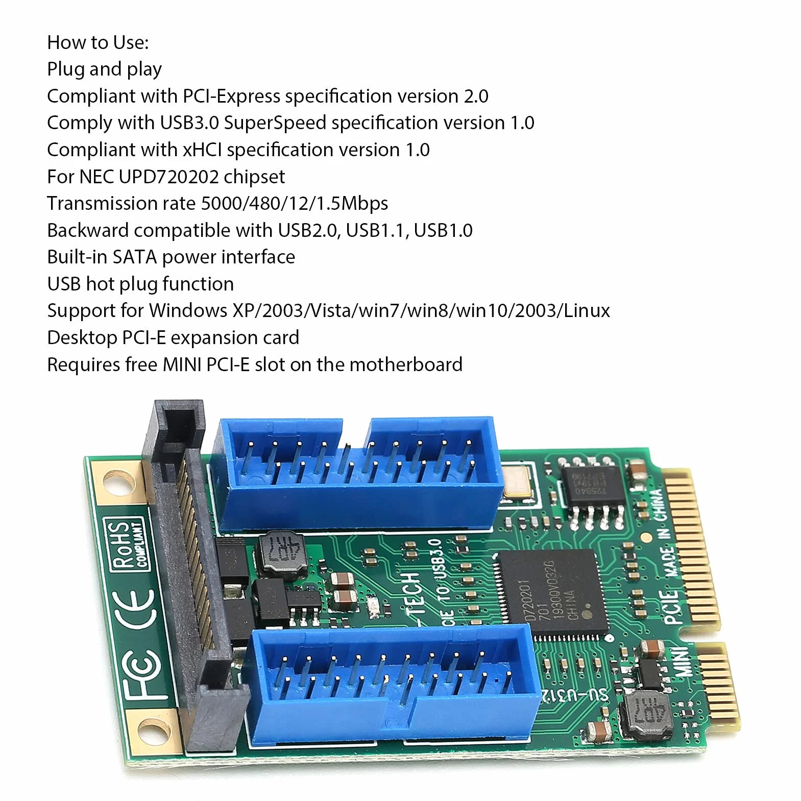 Bewinner Tarjeta Adaptadora Mini PCI-E a USB 3.0, Tarjeta Elevadora de Expansión de Panel Frontal USB 3.0 de 19 Pines con Cable de Alimentación, Convertidor de Puerto Interno para XP/2003/Vista