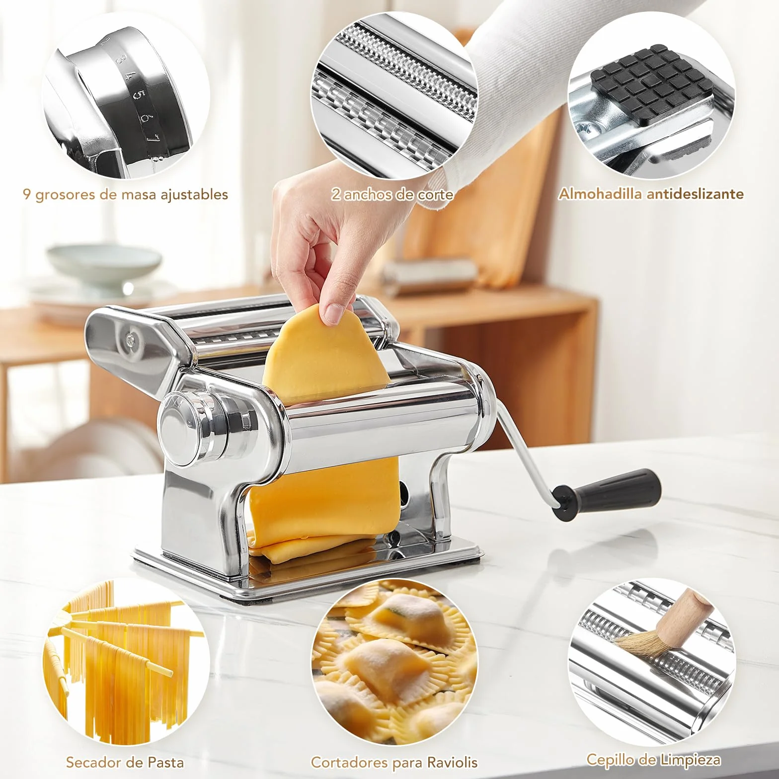 ROSSETTO Máquina de pasta manual acero inoxidable 9 grosores 2 anchos corte lasaña espaguetis fettuccine raviolis