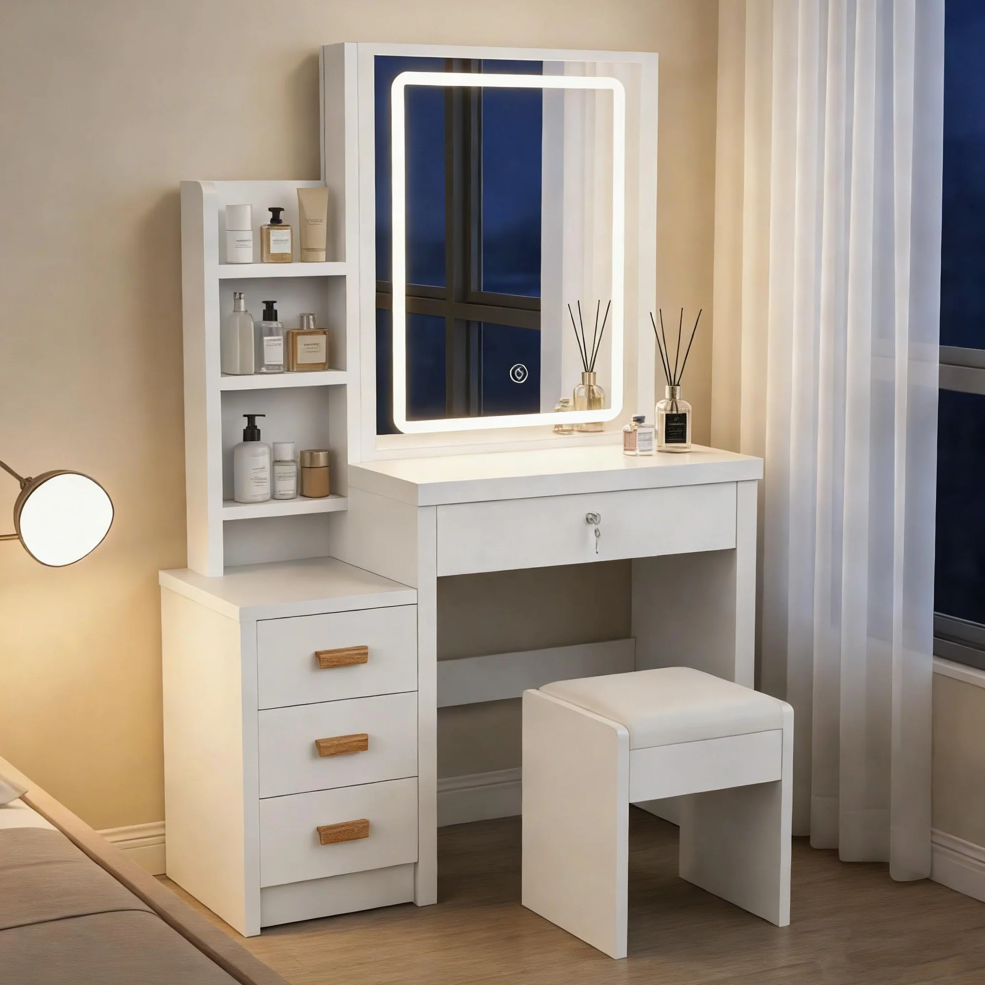 Tocador de Maquillaje con Luz LED y Taburete, Blanco con Espejo, 4 Cajones, 135x80x36 cm