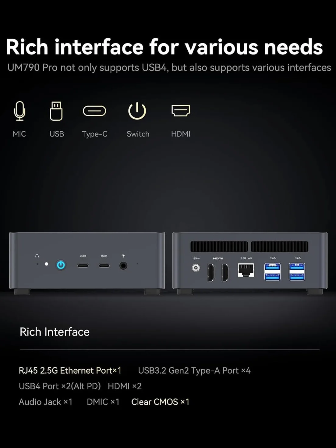 MINISFORUM Venus UM790 Pro Mini PC AMD Ryzen 9 7940HS 5,2 GHz AMD Radeon 780M 4X USB3.2 2X USB4 2X HDMI 2.1 2X PCIe4.0 Wi-Fi 6E BT5.3 RJ45 2,5 G Sin RAM SSD