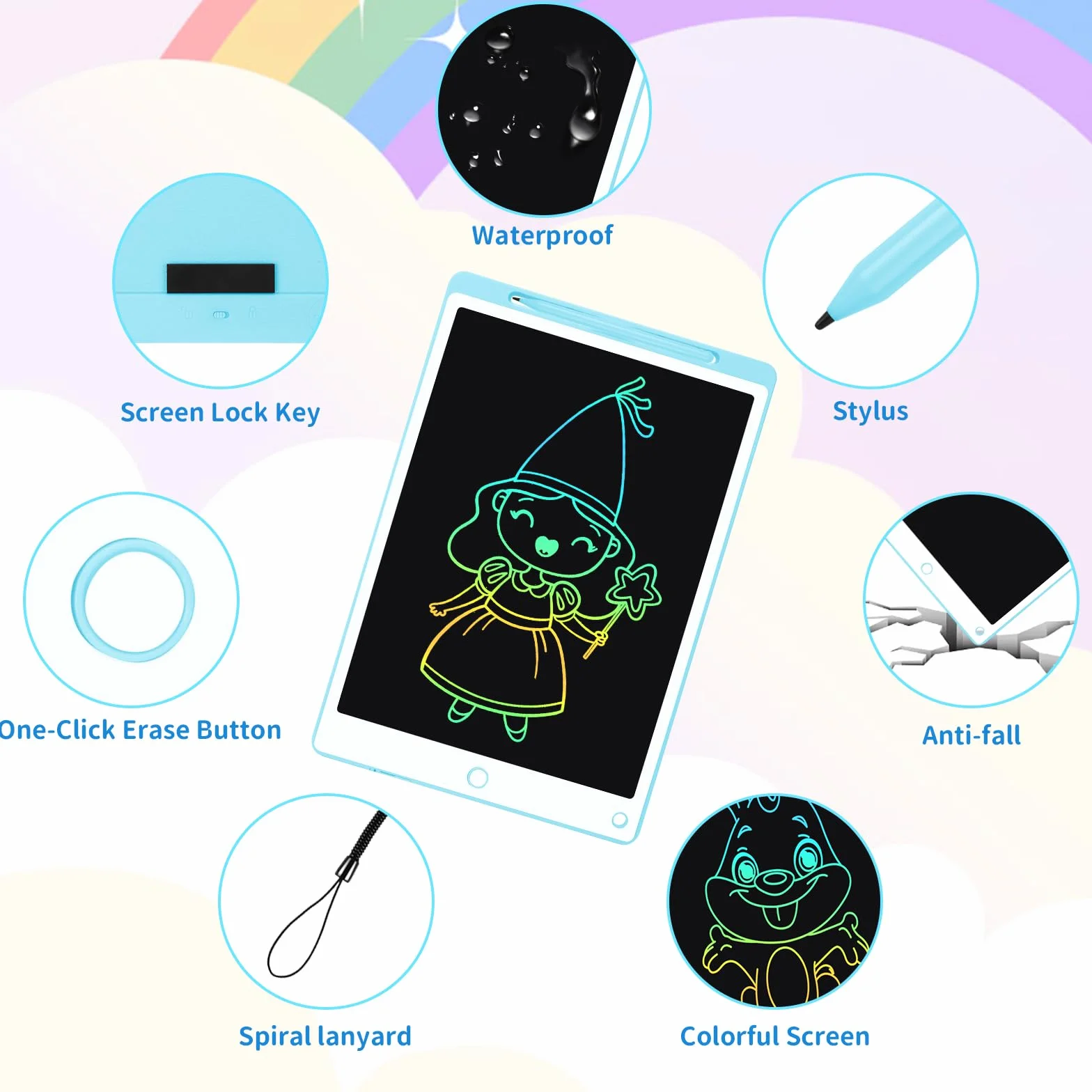 Tableta Escritura LCD Color 10.5 Pulgadas, Tablet Escritura Niños, Pizarra Digital con Botón De Eliminación de Pantalla e Interruptor de Bloqueo para Juegos para 2 3 4 5 6 7 Años, Azul
