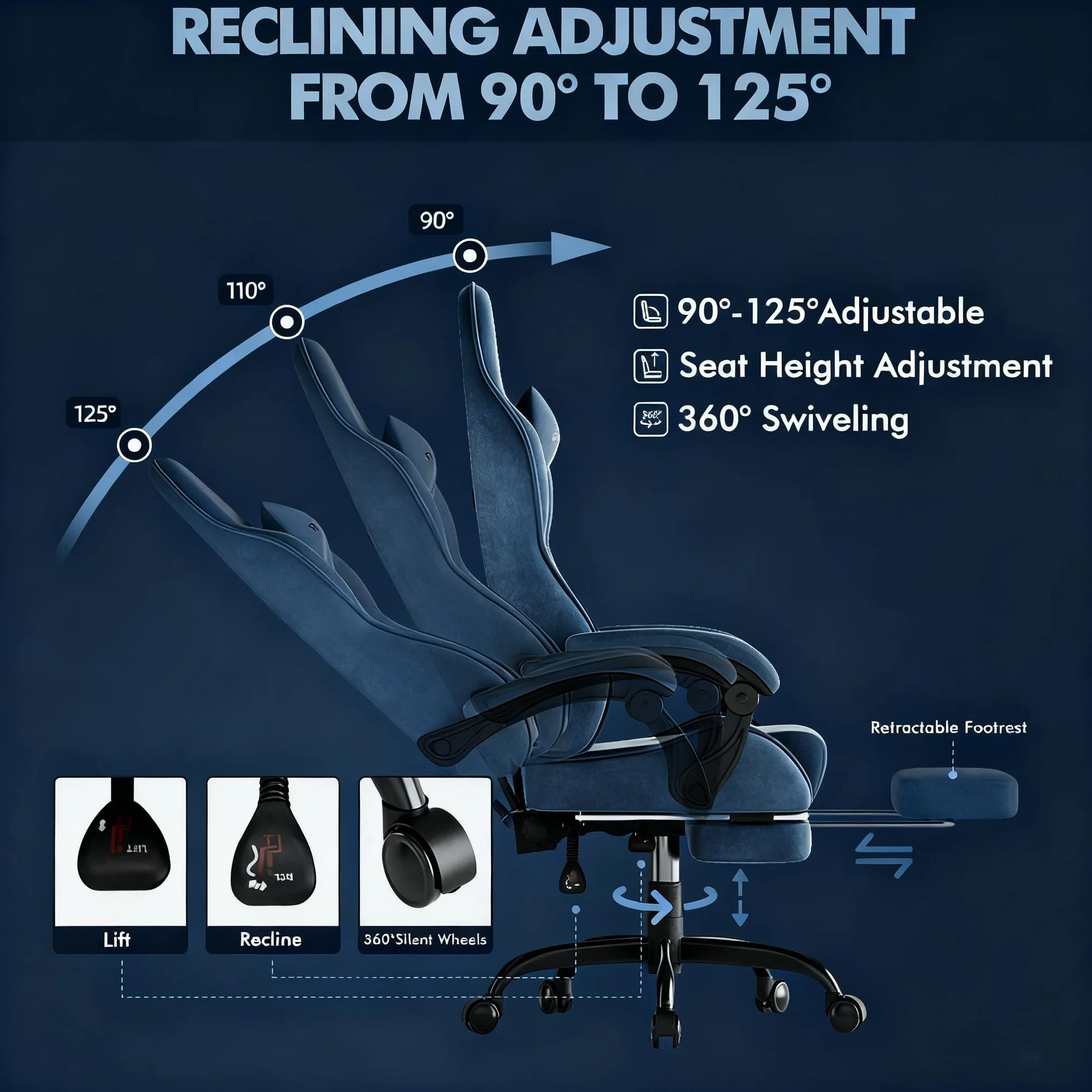 Huracan Silla de Gaming ergonómica, Terciopelo de Microfibra, Altura Regulable, reposabrazos Ajustables, Masaje, cojín Lumbar, reposapiés (Gris)