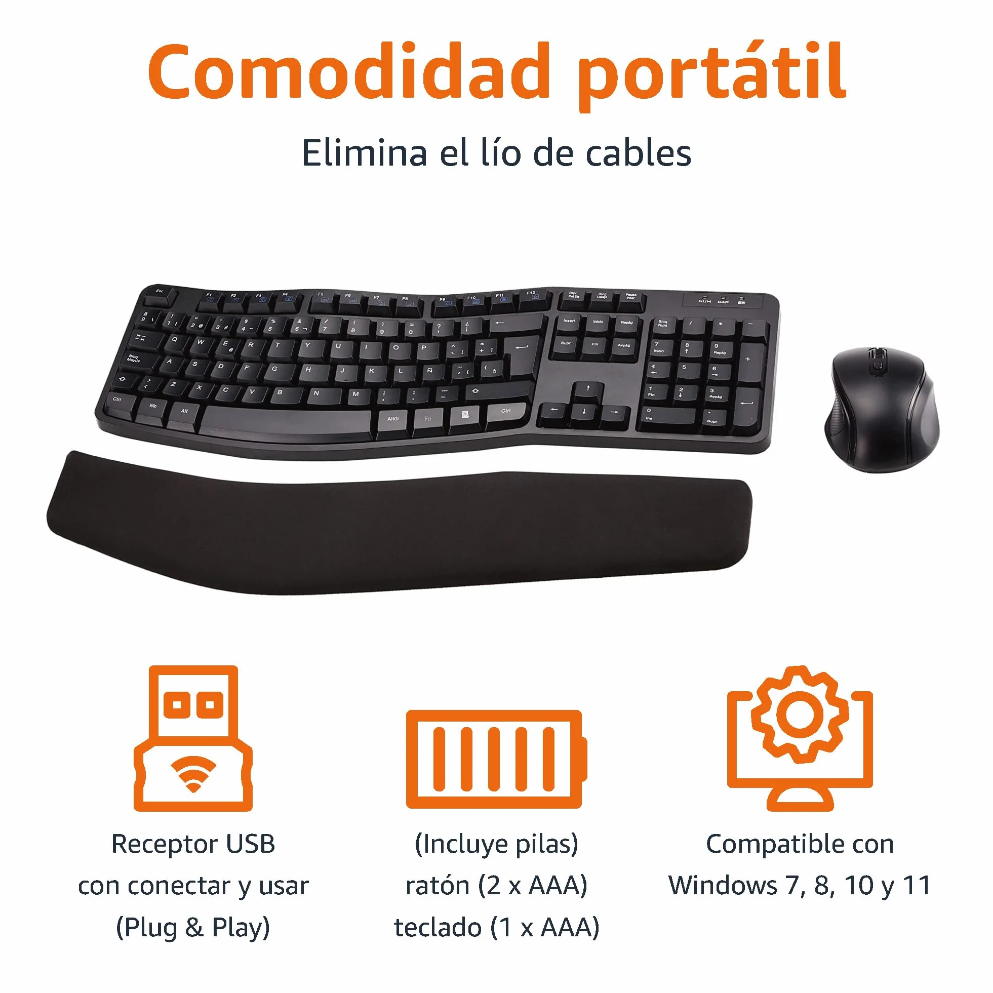 Amazon Basics Conjunto de Teclado y ratón inalámbricos ergonómicos (Teclado español), Negro