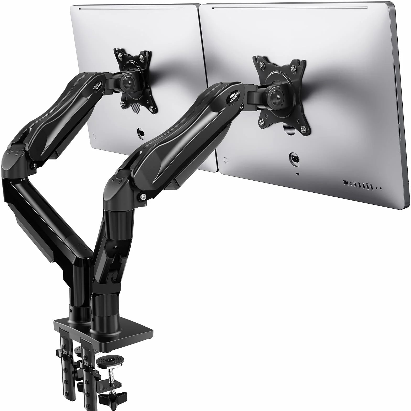 HUANUO Soporte Monitor Doble, Brazo Monitor de Escritorio para Pantallas de 13 a 32 Pulgadas, Ajuste de Altura con Inclinación, Giratorio, Rotar, VESA 75 & 100 mm, Carga Máxima 9kg