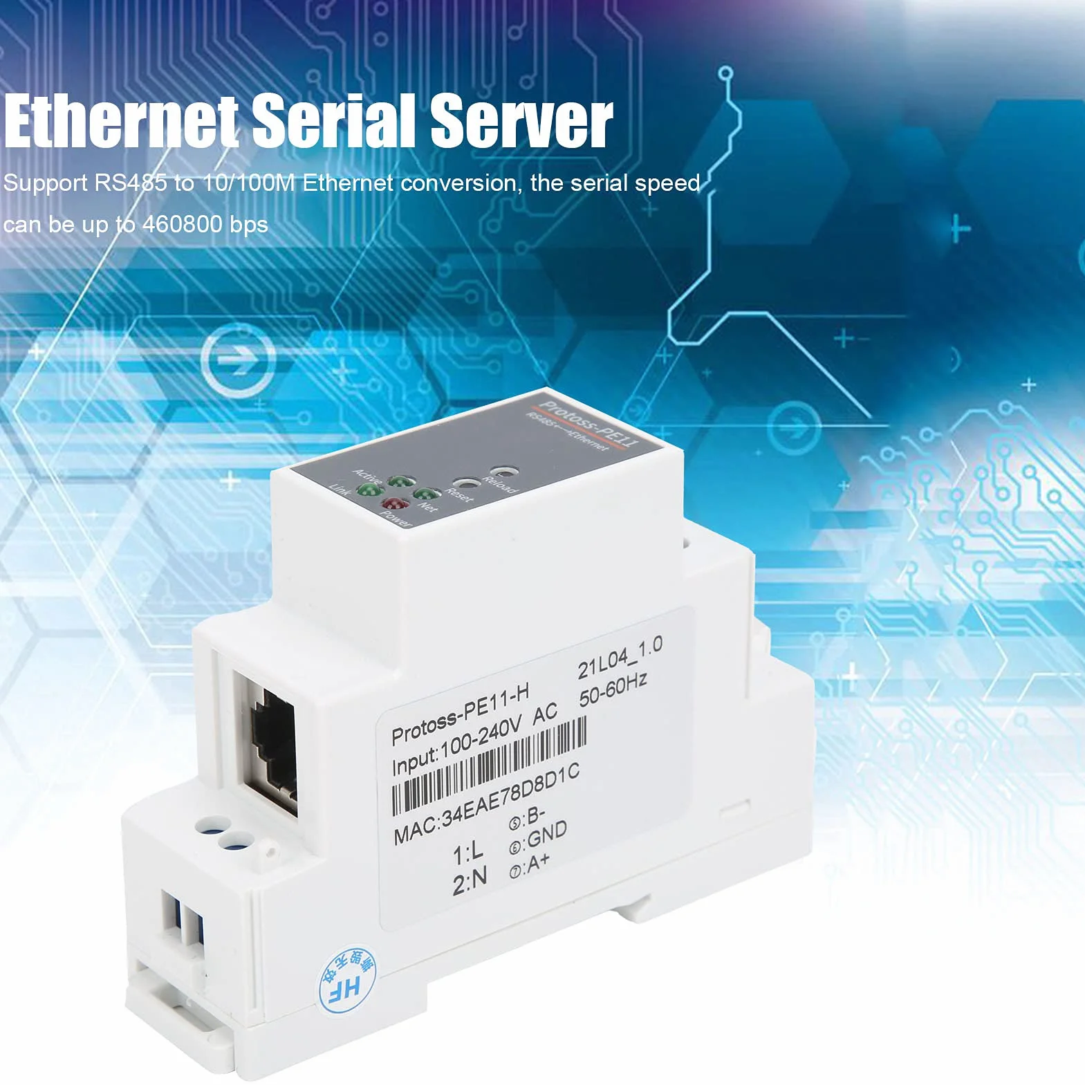 Montaje en riel de RS485 a Servidor Serie Ethernet PE11‑H Enrutador de Servidor Serie RS485 a Ethernet 100-240 V CA PE11-H para FreeRTOS